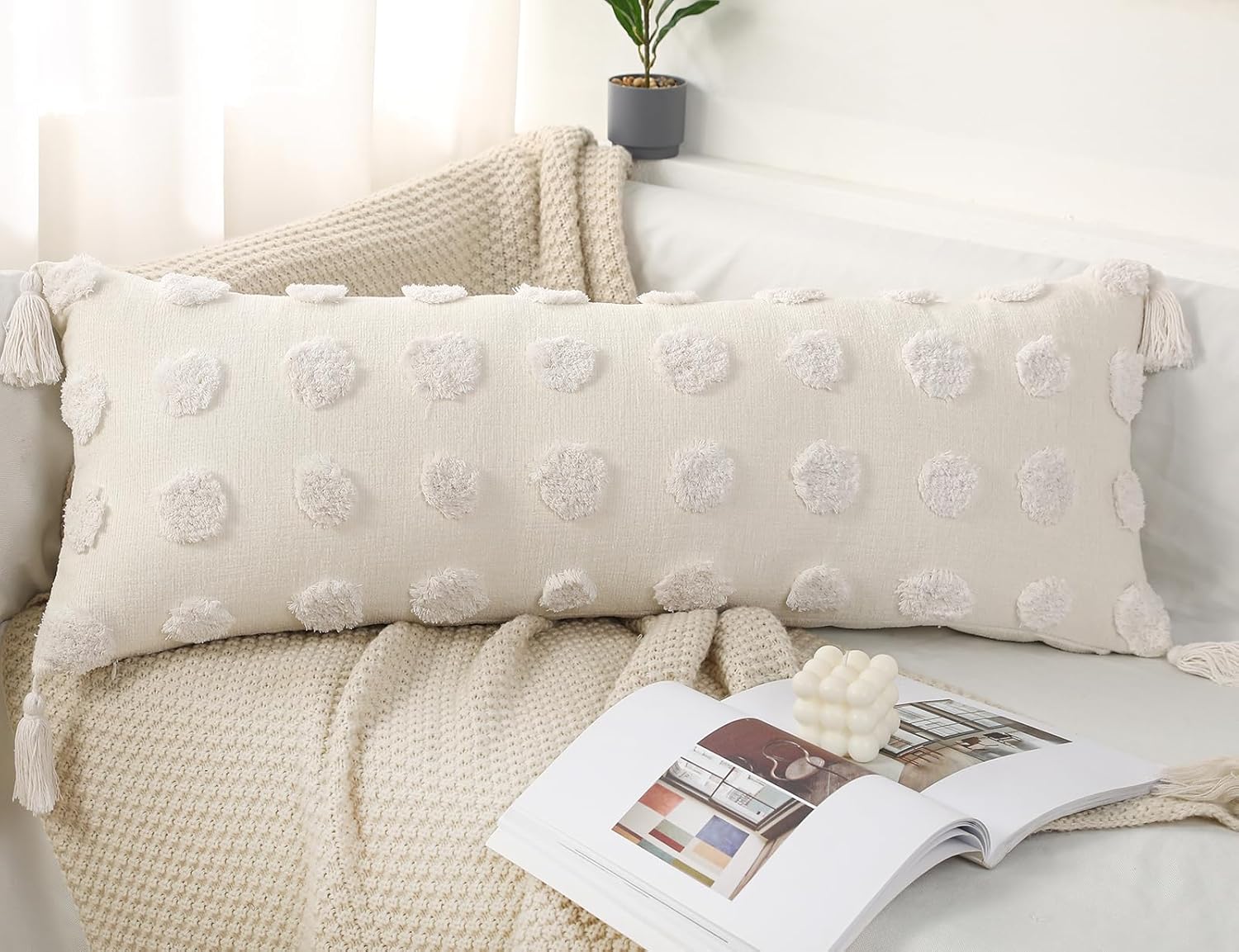 PANOD Funda de almohada lumbar larga decorativa de 14 x 36 pulgadas, bohemia, funda de almohada lumbar de felpilla súper suave con borlas para cama,