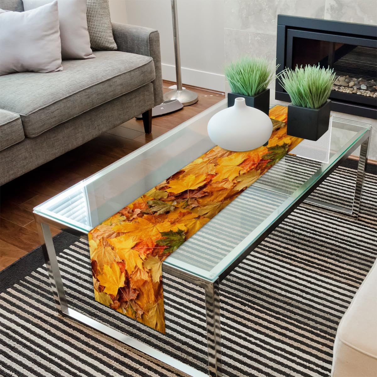 Table Runner Autumn Leaves, Rustic Linen Table Cloth, Kitchen Dining Table Decoration for Home Party Decor 13 x 48 Inches