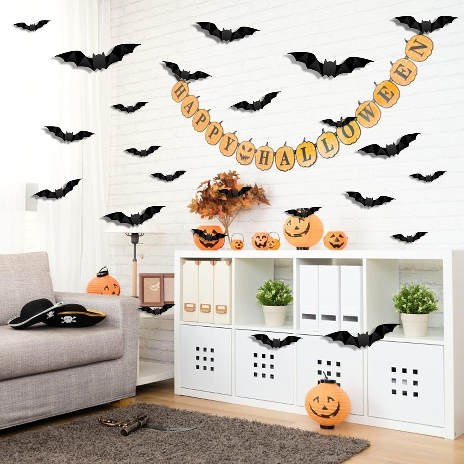 96 calcomanías de pared de murciélagos 3D para decoración de Halloween, 4 tamaños diferentes, realistas de PVC aterrador, calcomanías de murciélago