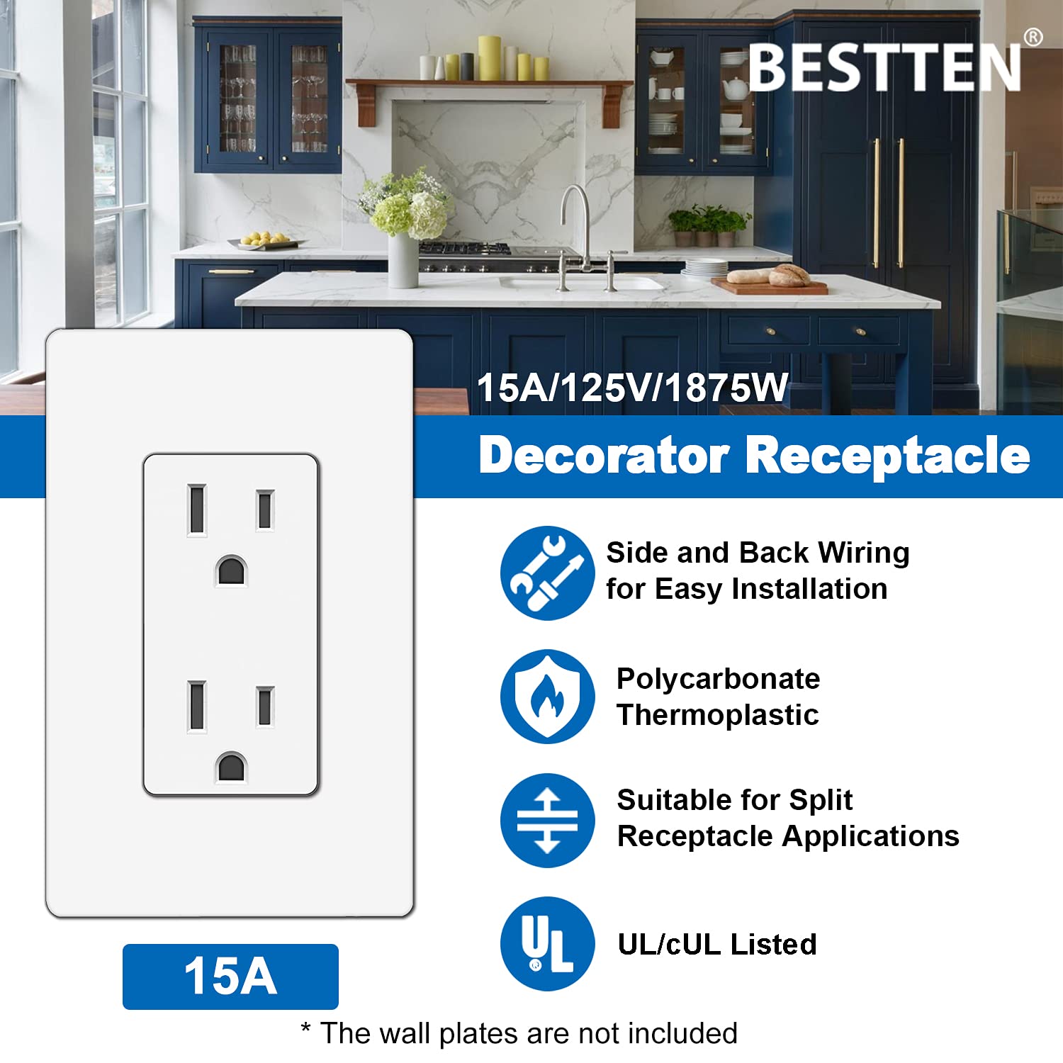 BESTTEN Paquete de 20 receptáculos eléctricos decorativos de pared de 15 amperios, no resistentes a manipulaciones, 15A125V1875W, para uso