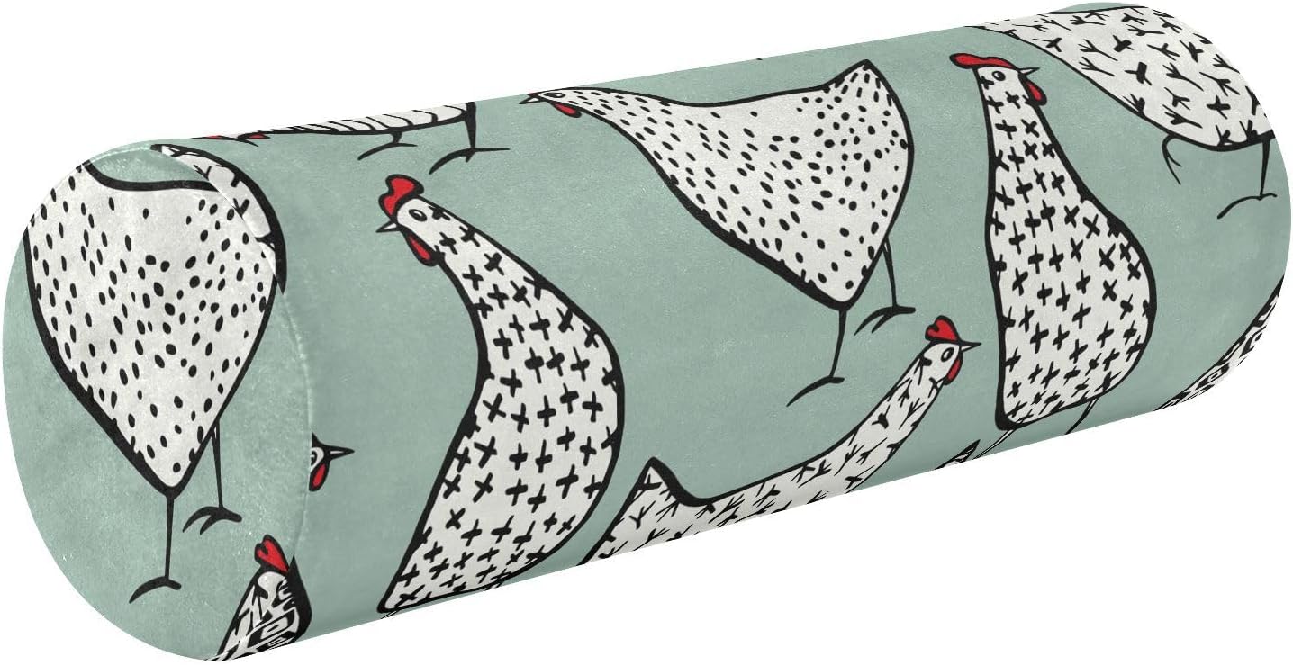 Hand Drawn Chickens Round Bolster Pillow Neck Roll Pillows Round Pillow Insert Cylinder Pillow for Knees Neck Support Pillows for Sleeping