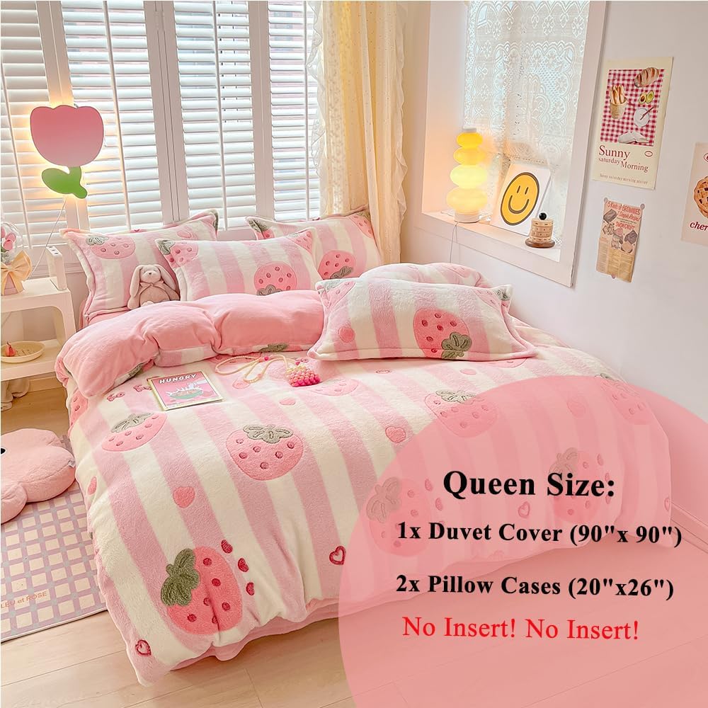 OranFran Juego de funda de edredón para niños de fresa rosa, juego de ropa de cama kawaii con copos de nieve, funda de edredón suave y reversible,