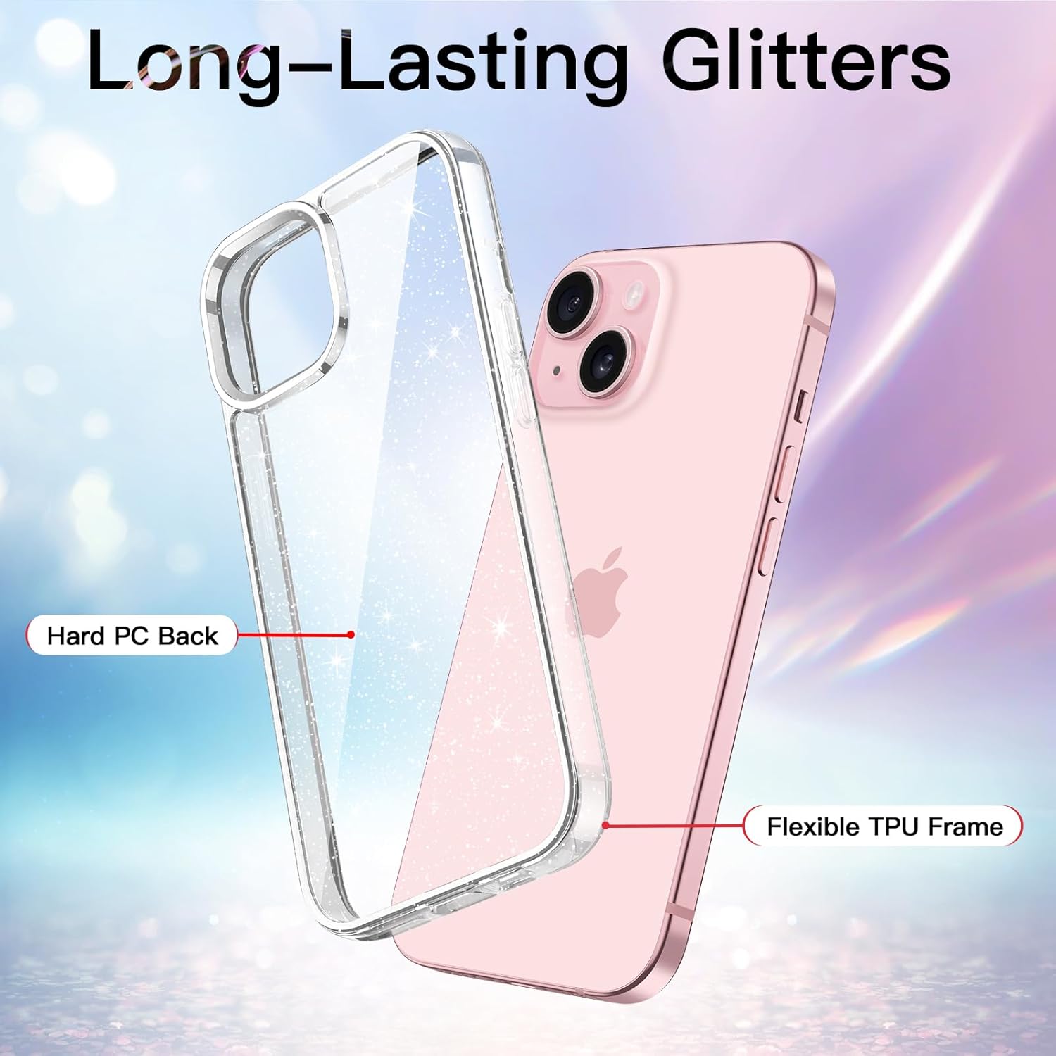 JETech Funda con purpurina para iPhone 15 de 6.1 pulgadas, a prueba de golpes, bonita y brillante para mujeres y niñas (transparente)