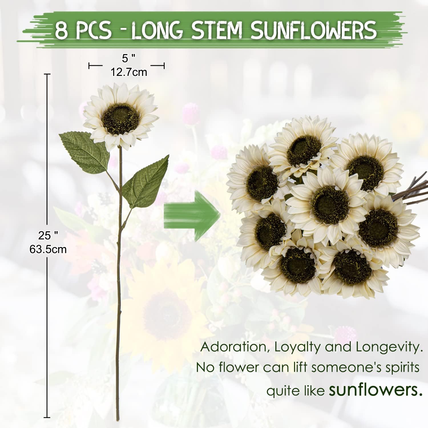 8 girasoles artificiales de 25 pulgadas de tallo largo, flores artificiales grandes de girasoles falsos a granel, girasoles artificiales de seda