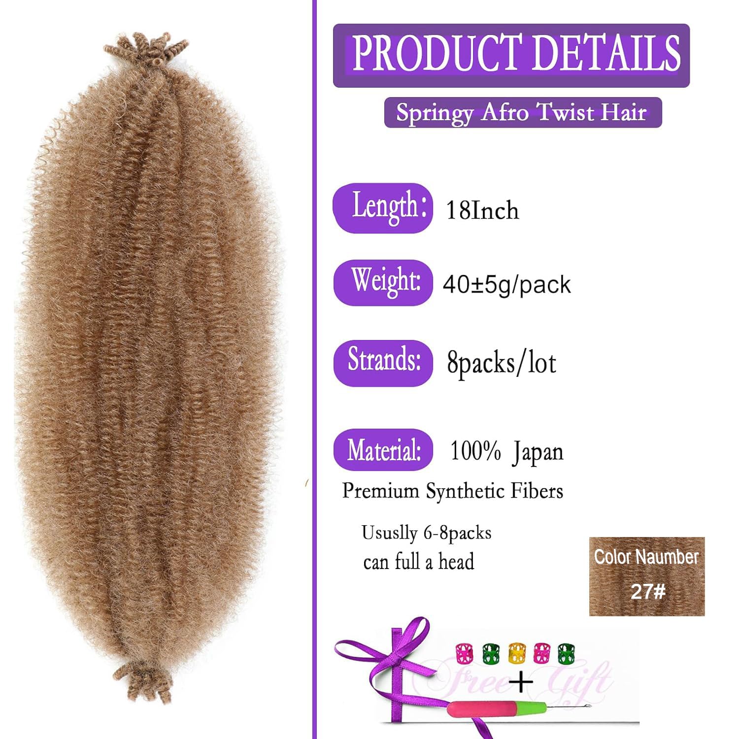 Paquete de 8 paquetes de cabello trenzado Marley Twist de 18 pulgadas, color 27, cabello afro Twist cubano, cabello elástico previamente separado