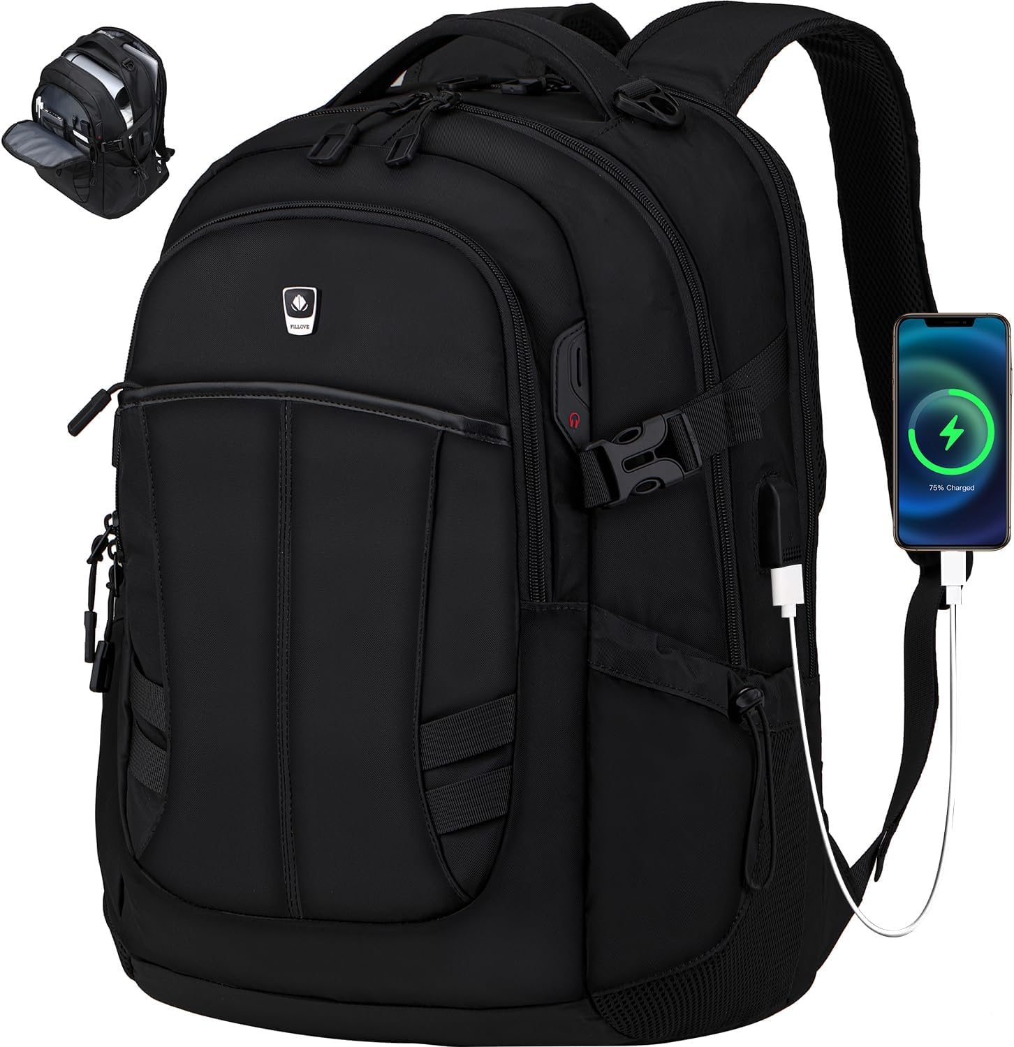 FILLOVE Mochila para computadora de 15,6 pulgadas, Negro -, Mochilas de lona