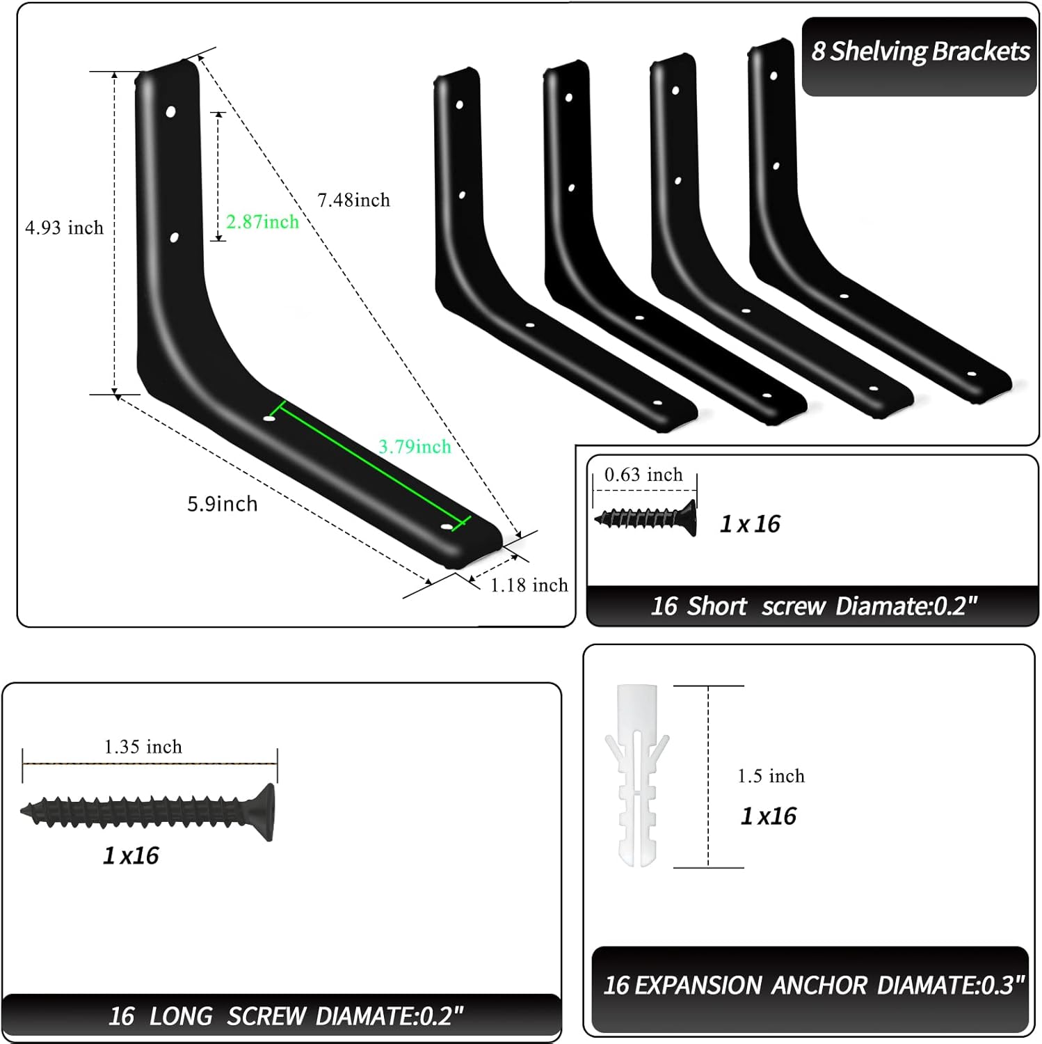 Paquete de 8 soportes de estante de 6 pulgadas, soporte flotante de 90 grados, soporte negro en forma de L, soporte de pared para estante (negro)