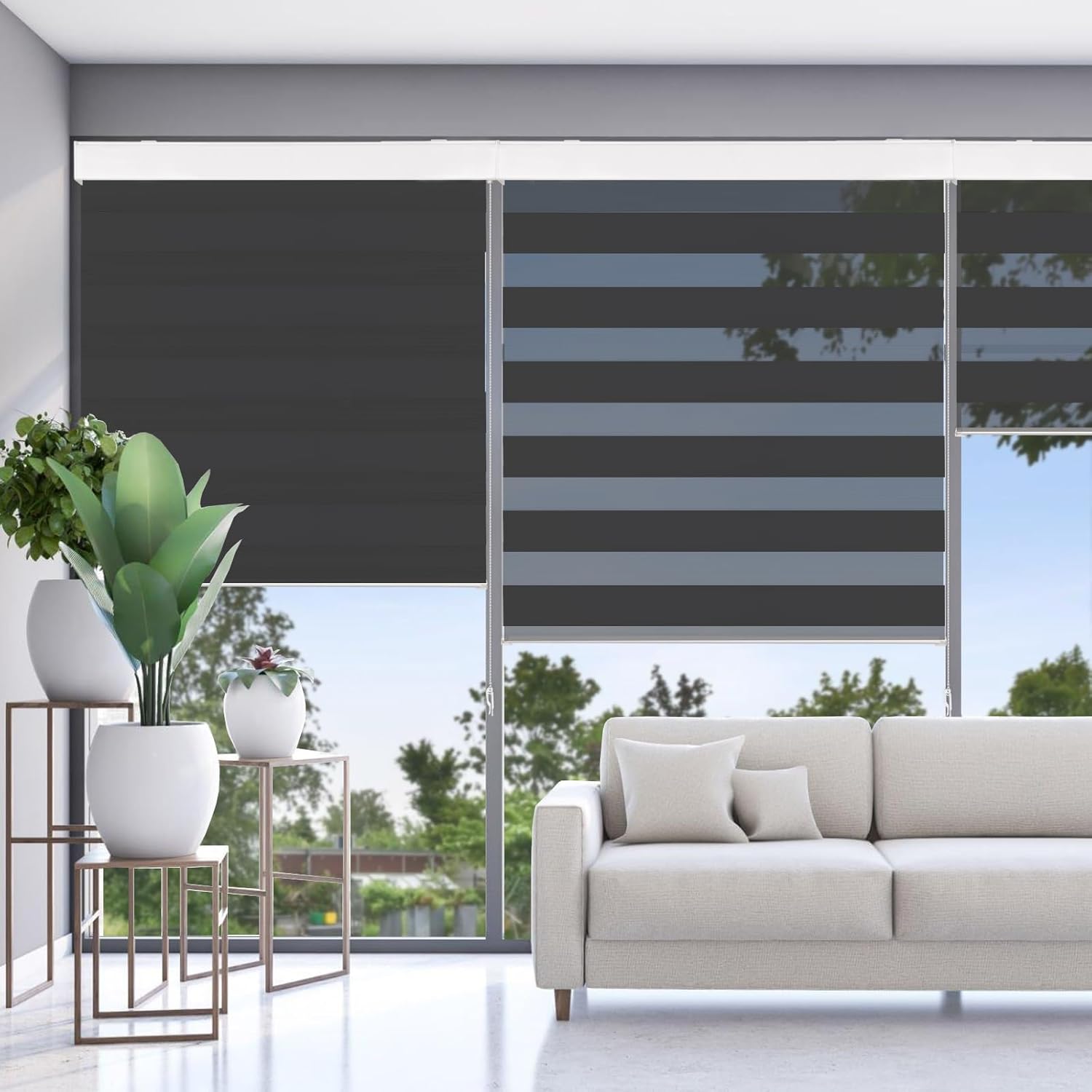 Persianas enrollables tipo cebra opacas negras, persianas filtrantes de luz de privacidad para ventanas, material grueso con cadena de cuentas de