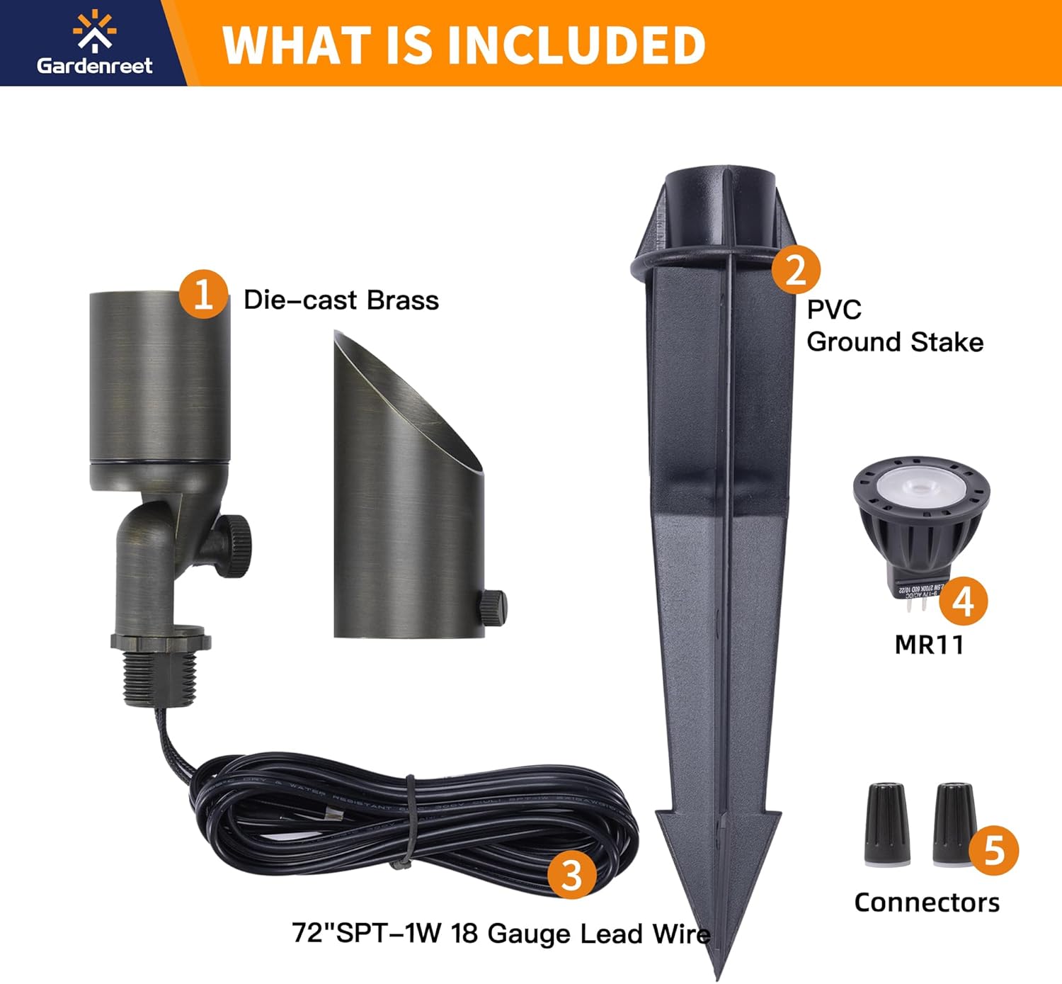 Gardenreet Luces LED de latón para paisaje, impermeables, para exteriores, 12 V, focos de bajo voltaje para paredes, árboles, banderas con estaca de