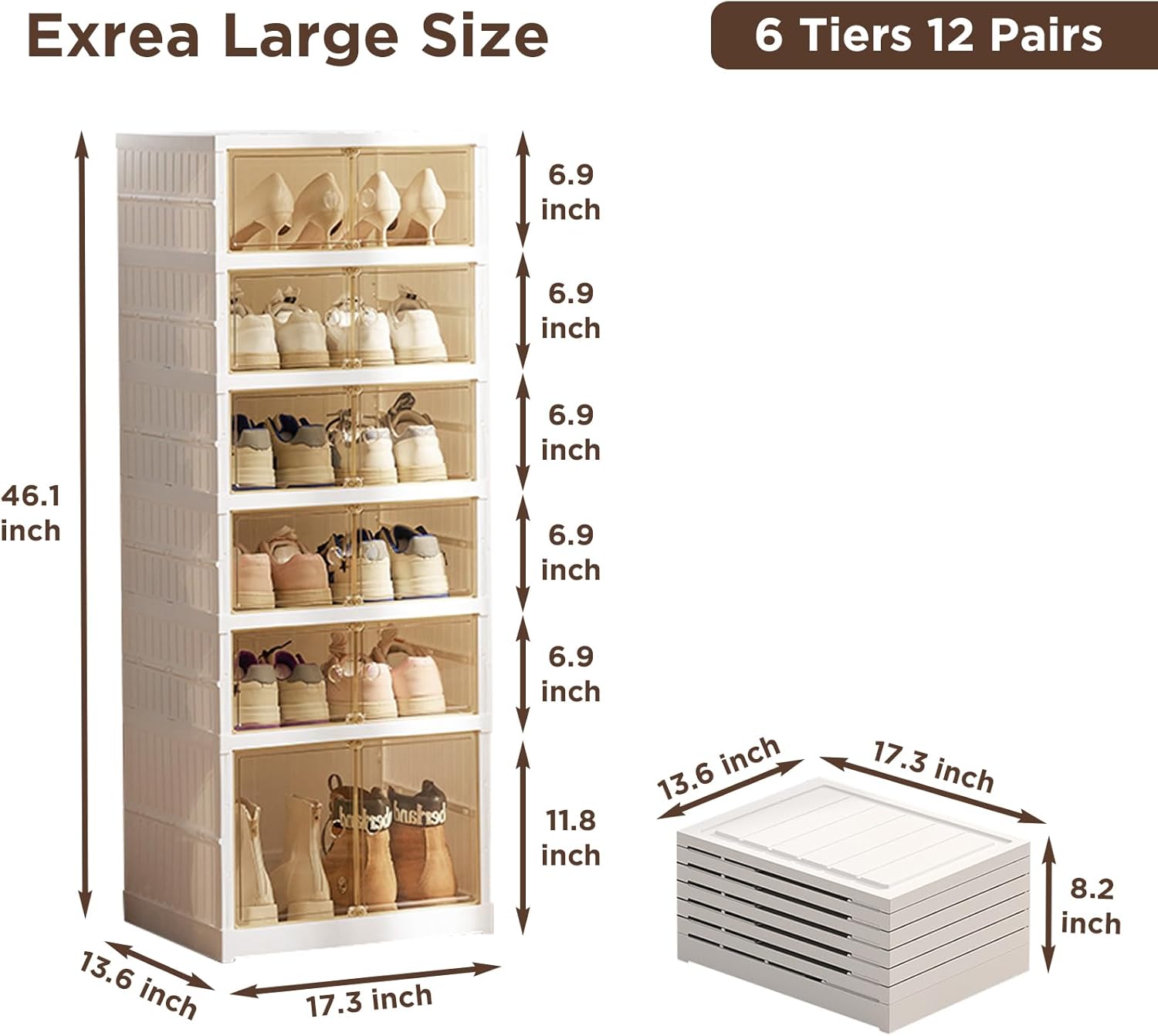 Organizador plegable de almacenamiento de zapatos, organizador de zapatos plegable de 6 niveles con puerta magnética transparente, organizador de