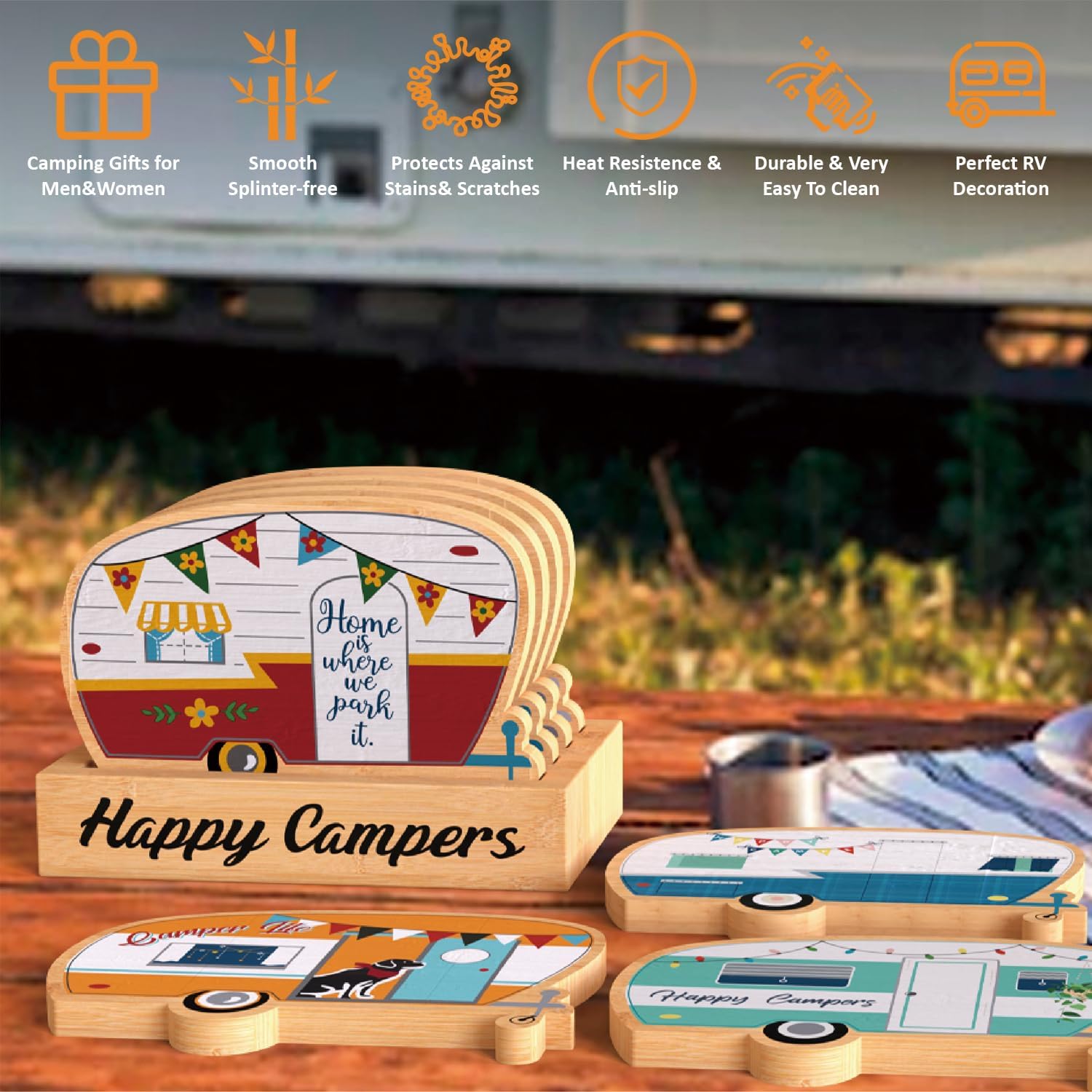 Juego de 4 posavasos de bambú Happy Camper con soporte, regalos de campamento para amantes de los campistas, mujeres y hombres, adecuados para tipos