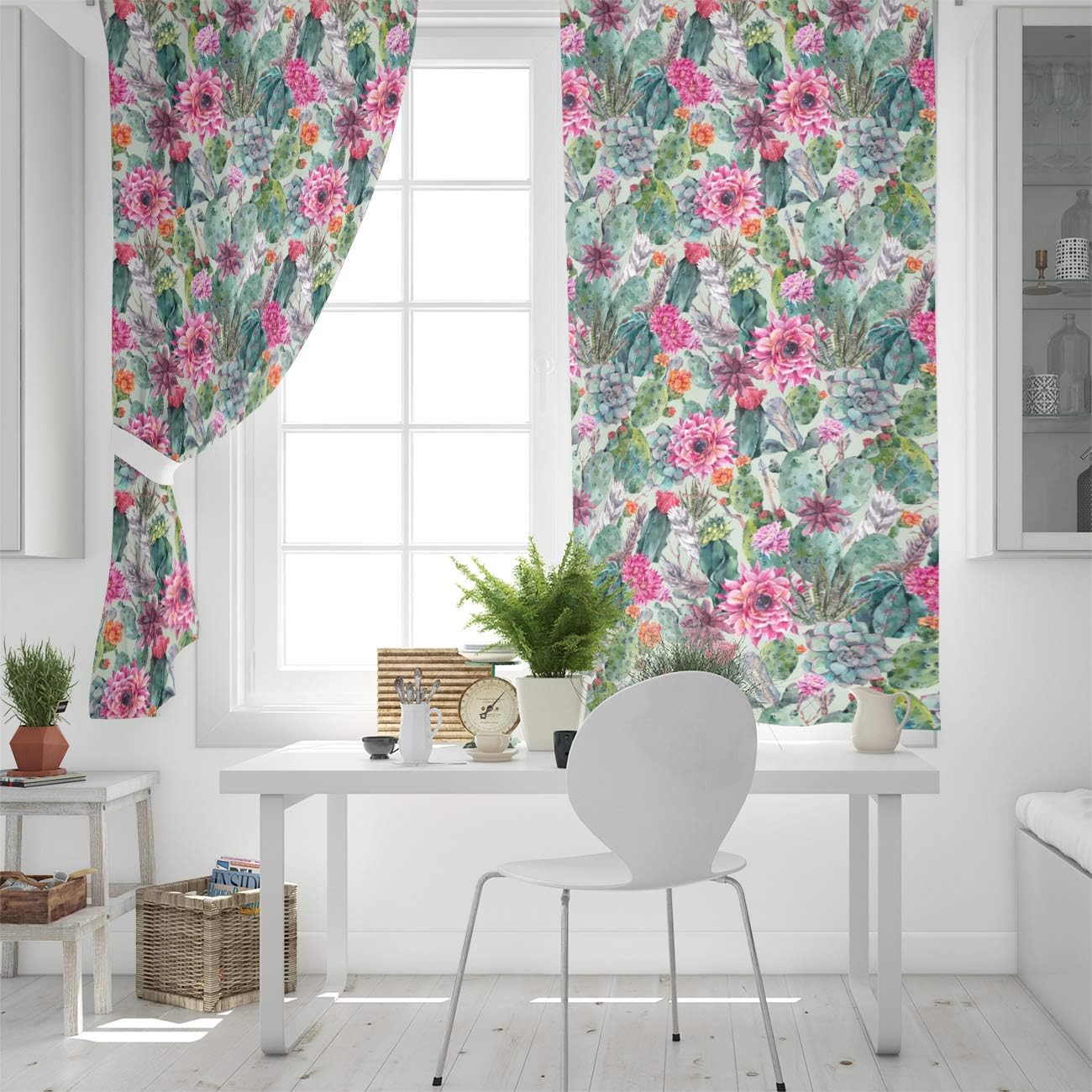 Blackout Curtains Thermal Insulated Tropical Plants Cacti Decor Watercolor Cactus Flower Metal Grommet Elegant Room Drapes Window Curtain for