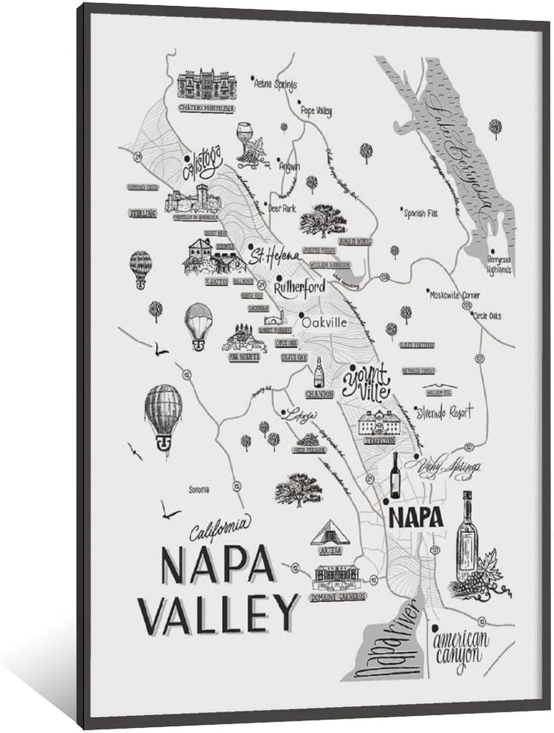 Napa Valley Map – Mapa de vinos, amantes del vino, mapa de cata de vinos, valle de Napa, mapa tipográfico, carteles de pintura en lienzo y pósteres