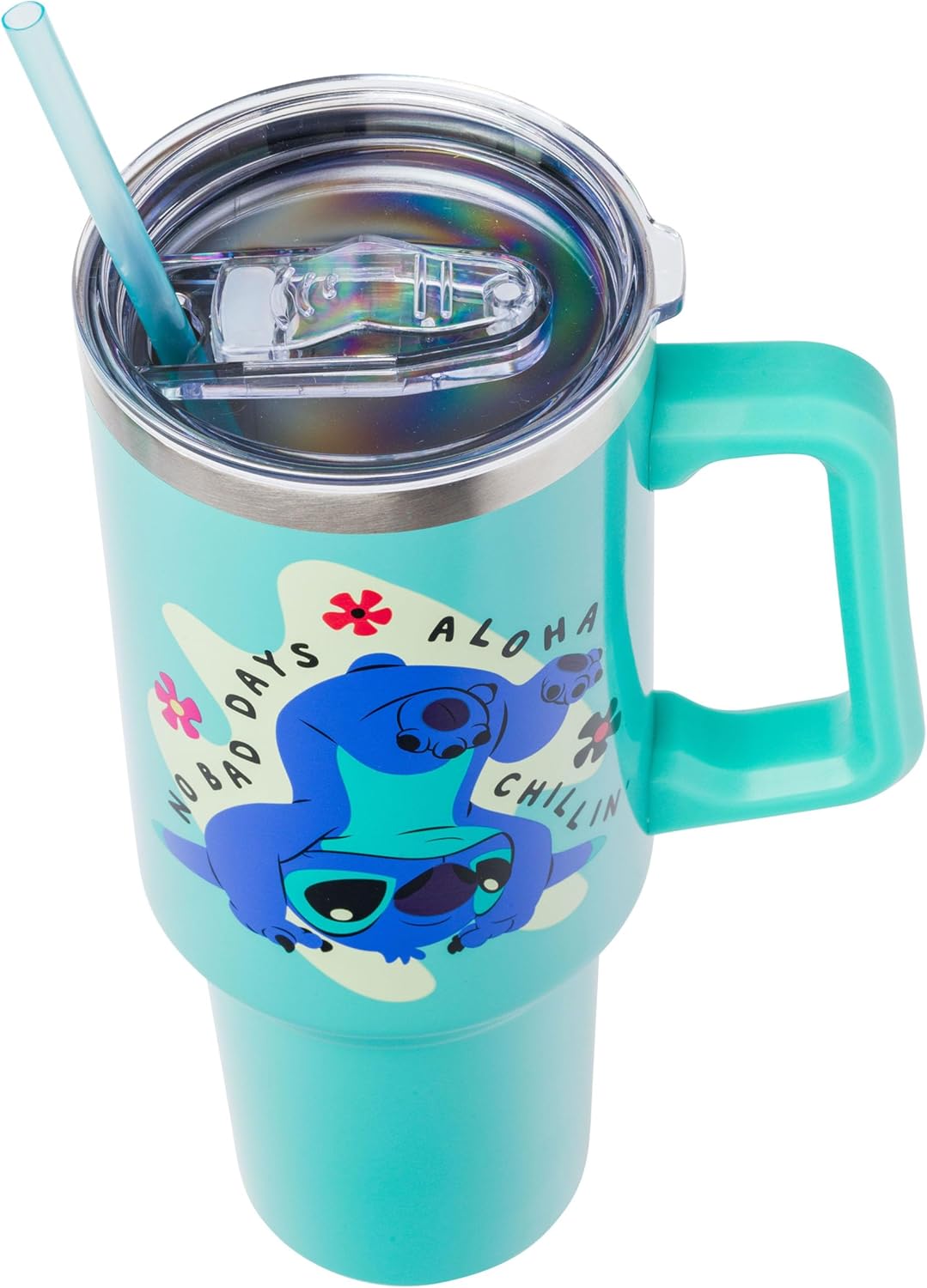 Silver Buffalo Disney Lilo and Stitch Aloha – Vaso de acero inoxidable con asa y pajilla, se adapta al portavasos estándar, 40 onzas