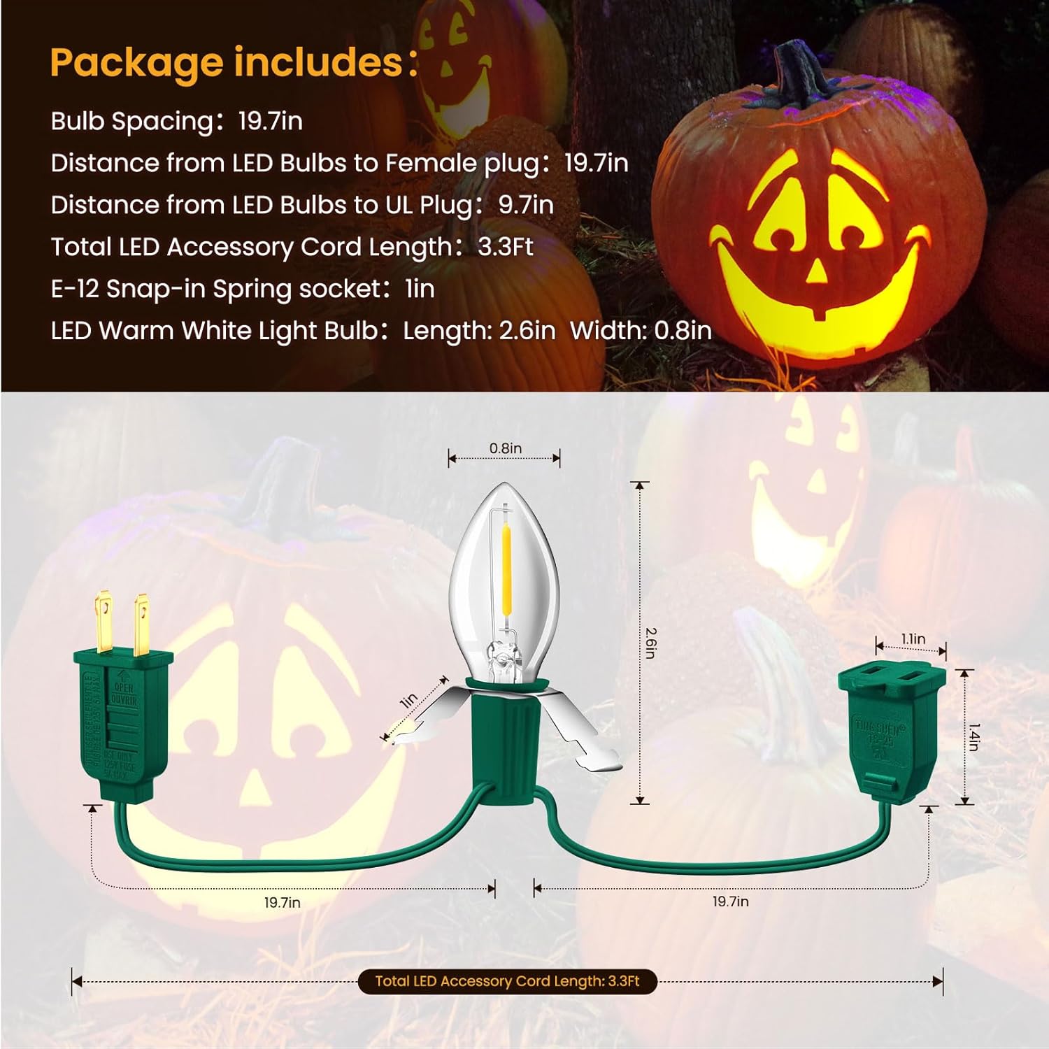 JOZDAUP Sistema de iluminación, cable de accesorios verde de 3.3 pies con 1 bombilla LED C7 fusible, paquete de 4, cable de luces de molde por