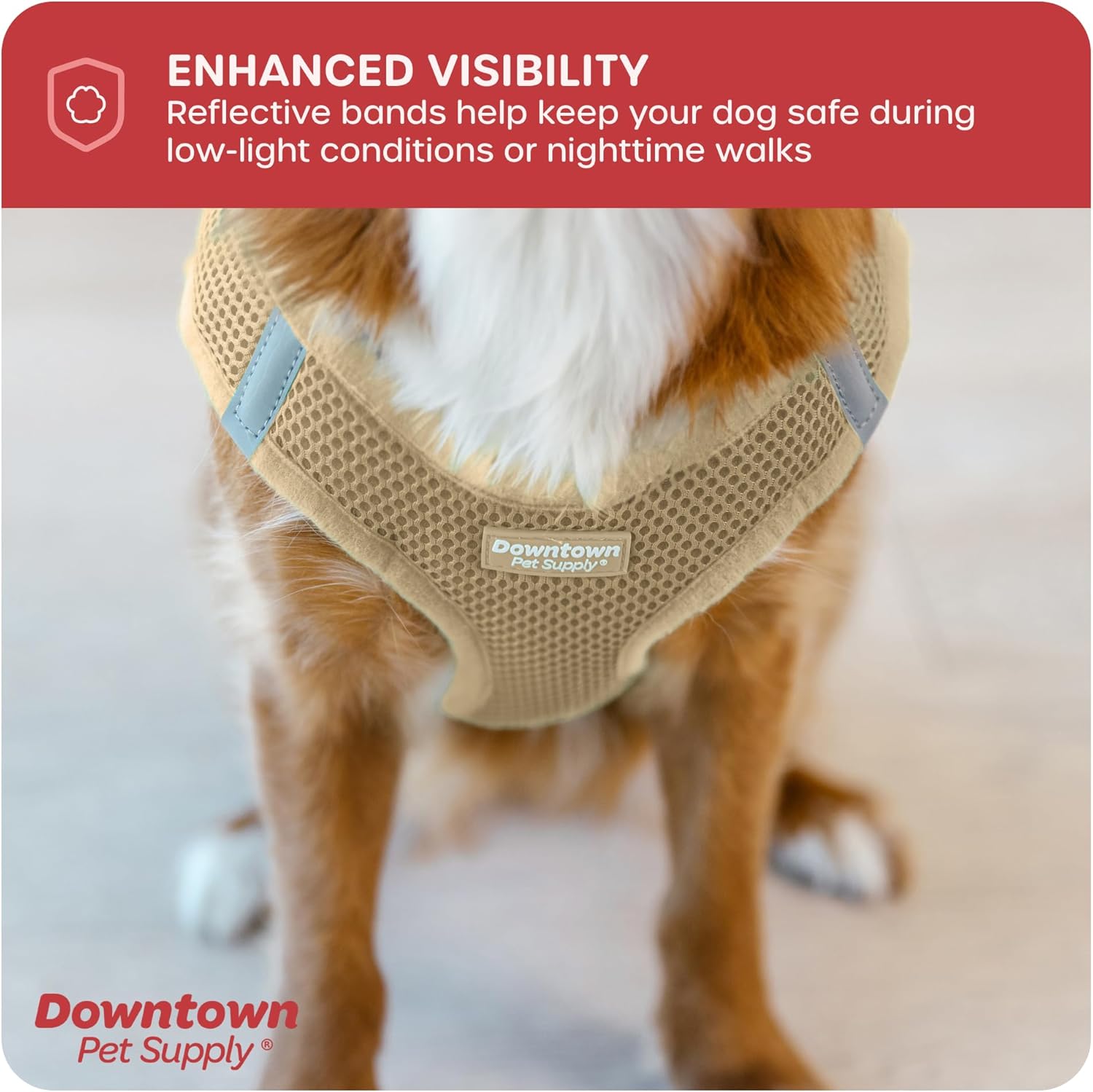 Downtown Pet Supply Arnés para perro sin tirones, talla XXS, caqui, arnés ajustable con tela de malla acolchada y ribete reflectante, arnés de