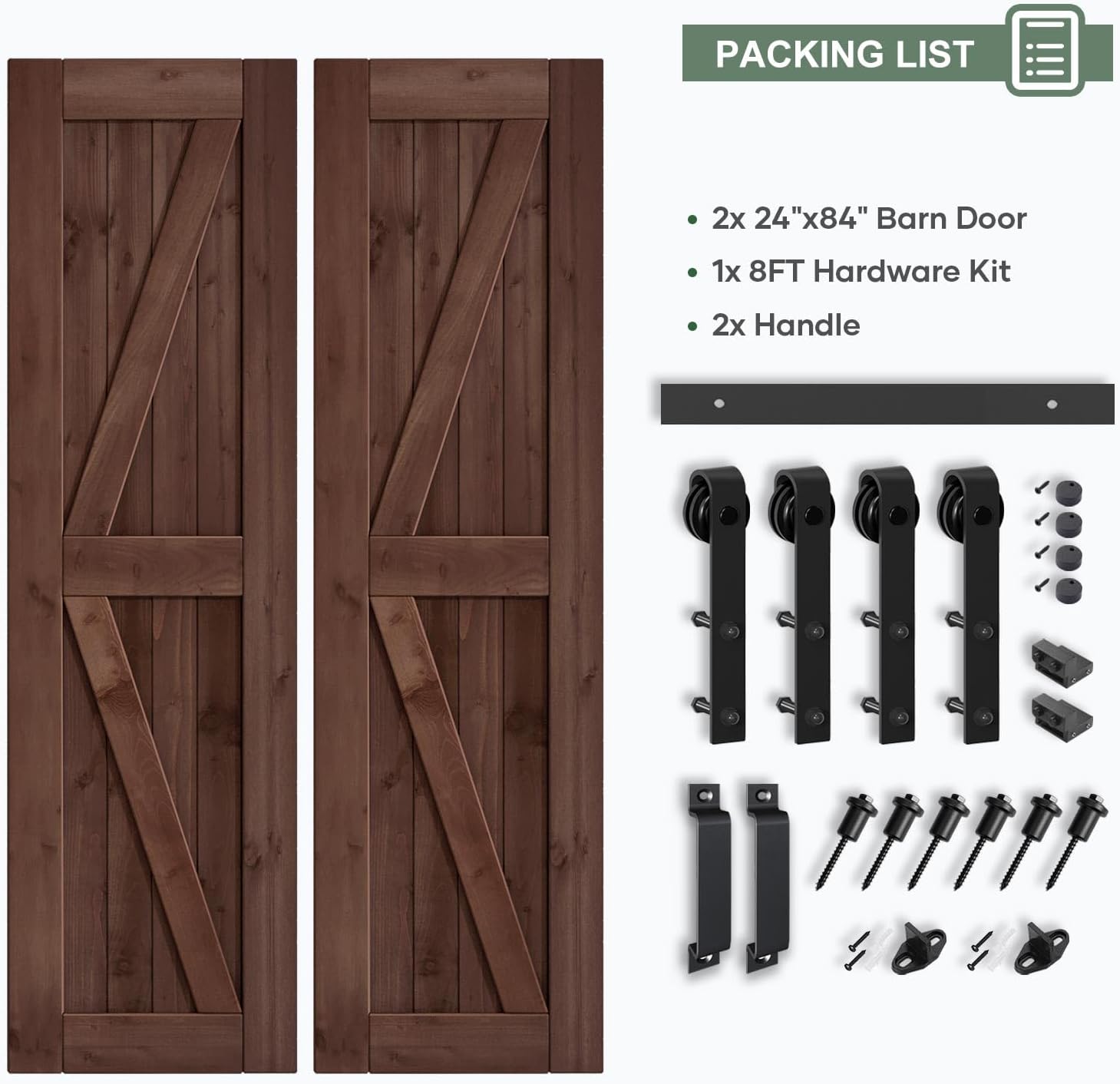 Losa de puerta corrediza de madera de granero de 48 x 84 pulgadas (puerta doble de 24 x 84 pulgadas) con kit de herramientas y mango de 8 pies,