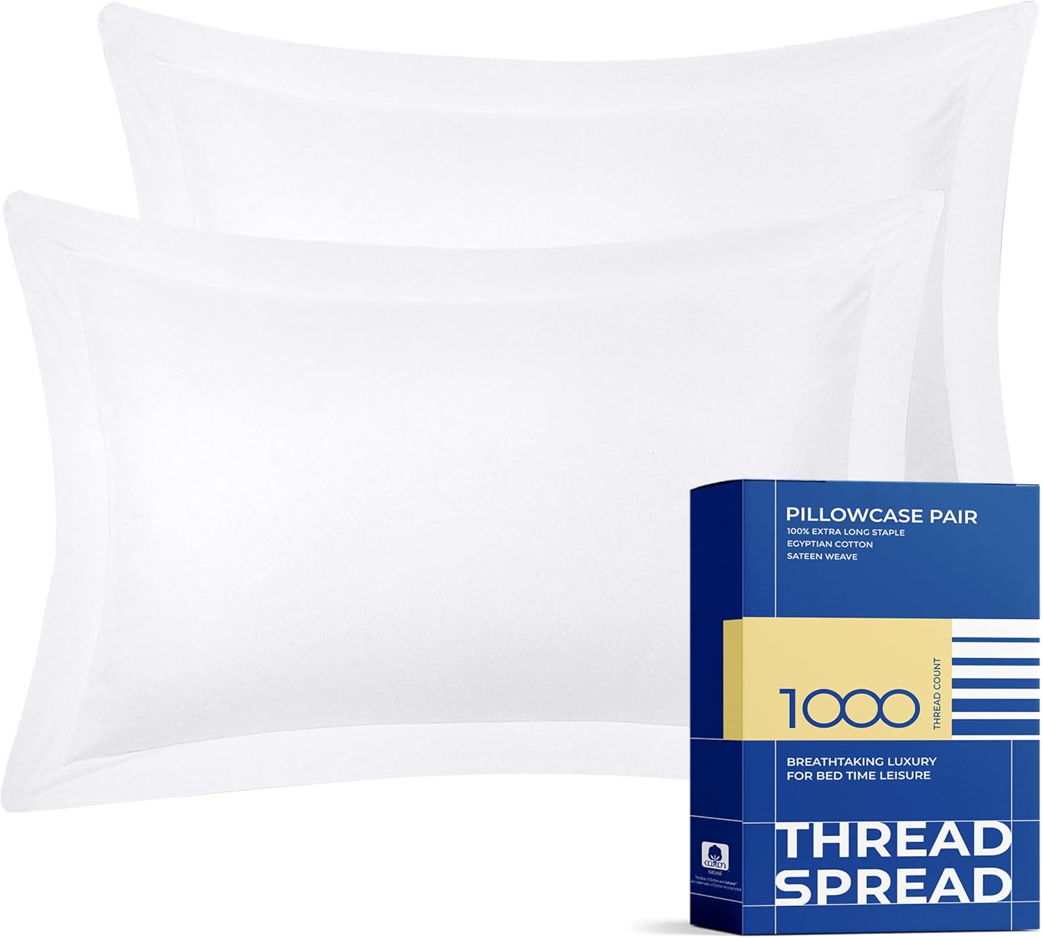 Thread Spread Juego de 2 fundas de almohada 100 % de algodón egipcio tamaño King con cierre de sobre, 1000 hilos de tejido satinado, color blanco,