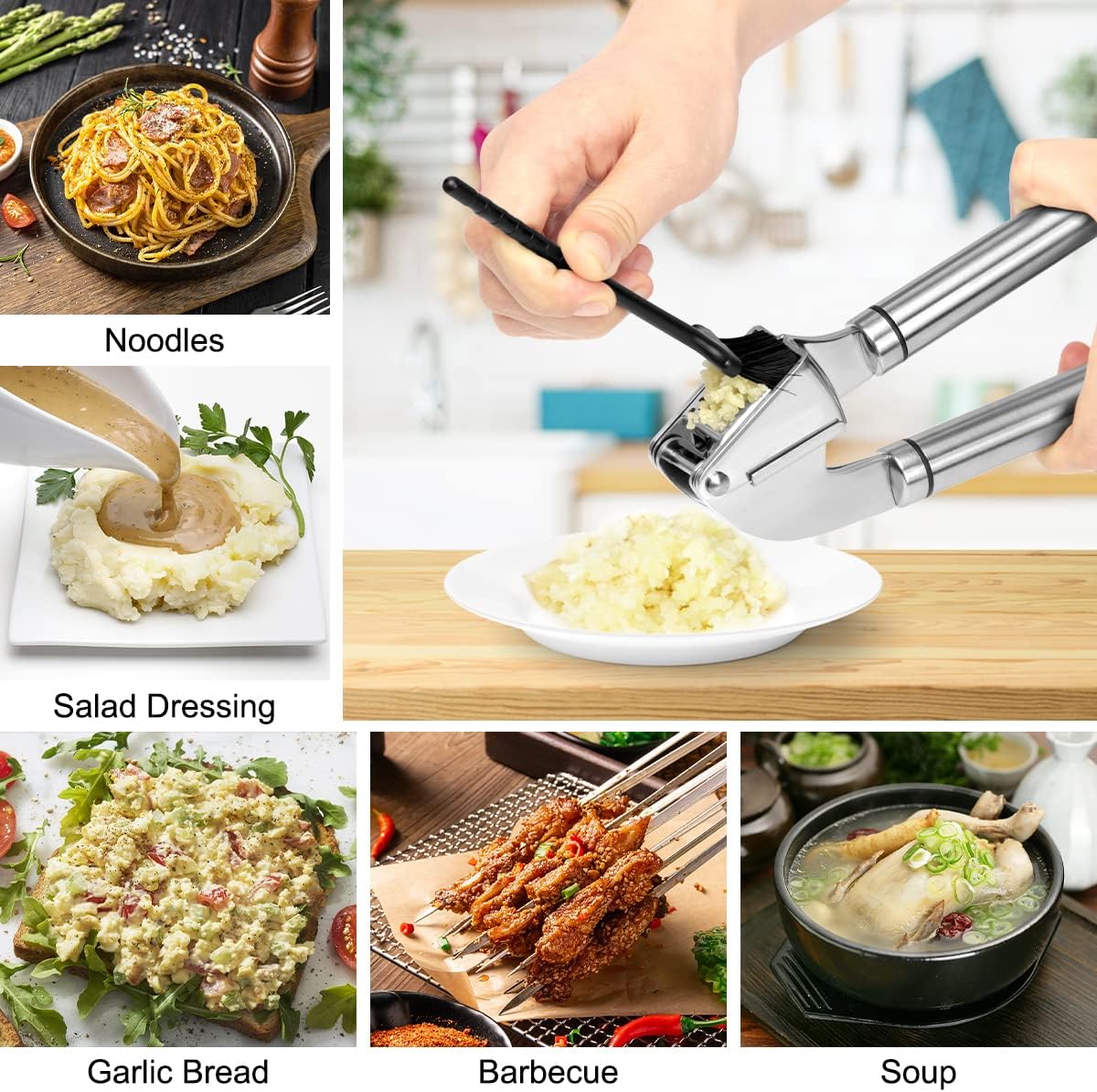 Philorn Trituradora de prensa de ajo de acero inoxidable profesional para cocina, picadora de jengibre, exprimidor de ajo, fuerte y duradera, fácil
