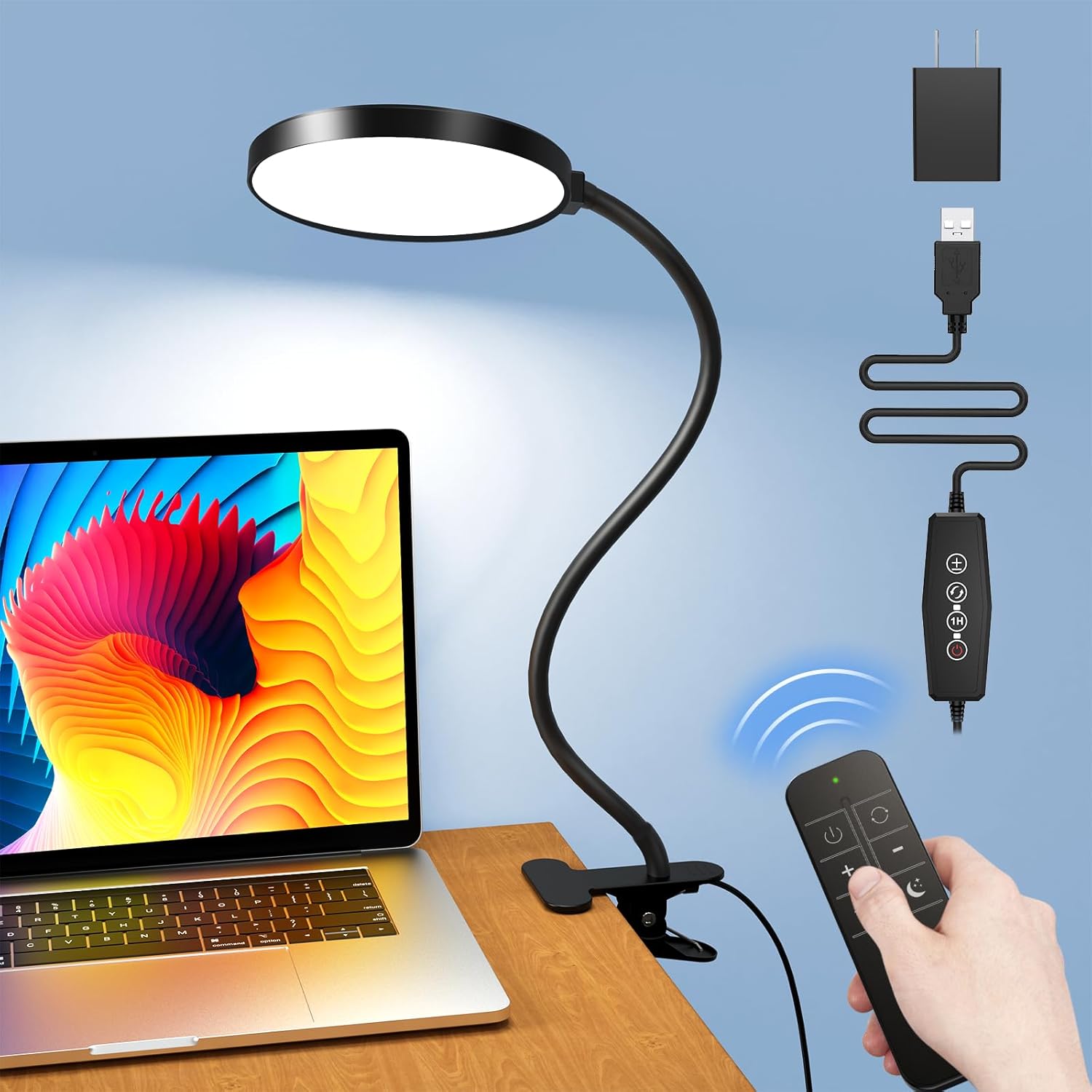 iFalarila 2024 – Lámpara de escritorio LED mejorada con clip atenuador de 1H y luz nocturna RA95 regulable, cuello de cisne, flexible, adaptador