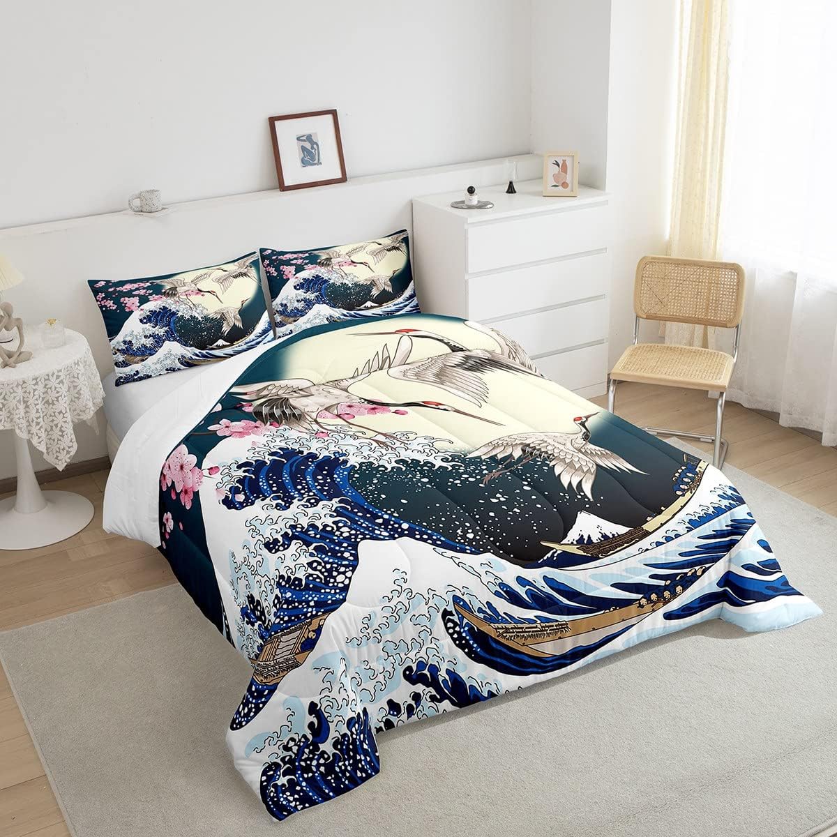 Erosebridal Juego de edredón de estilo japonés, tamaño King, estampado de grulla de cerezo para niños, niñas y mujeres, decoración de dormitorio,