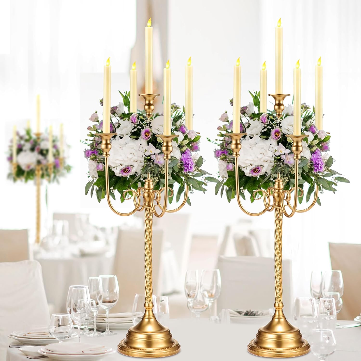 Rtteri 6 candelabros dorados de metal para velas cónicas para centros de mesa, bodas, Navidad, vacaciones, fiesta de cumpleaños (5 brazos, 12.2 x