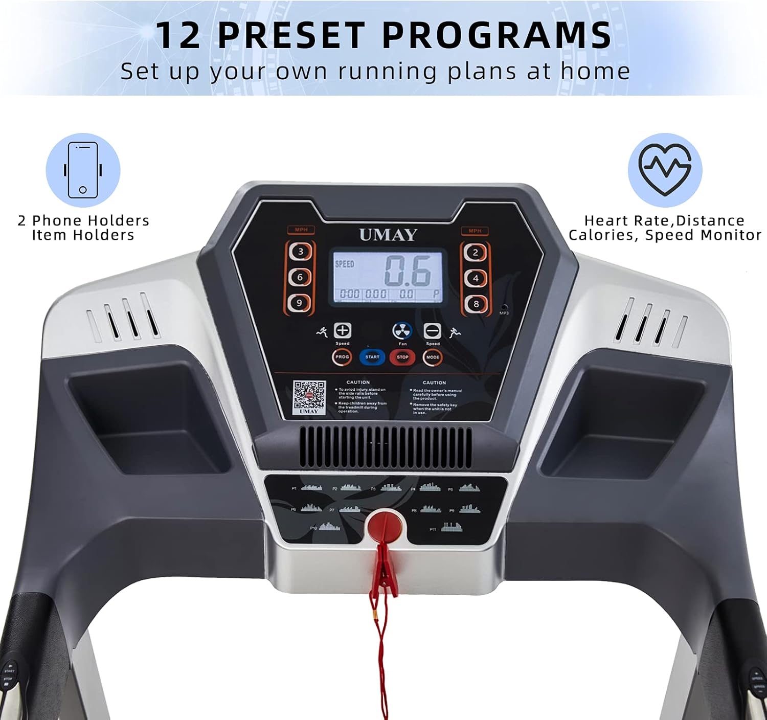 UMAY Treadmill with Auto Incline, Quiet Foldable Treadmills for Home, 12 Preset Programs, Heart Rate Monitor