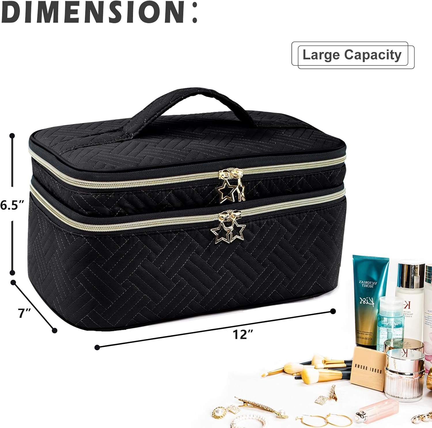 AMOIGEE Bolsa de maquillaje grande, organizador de bolsa de maquillaje de viaje, estuche de tren de doble capa, bolsa de maquillaje, bolsa de aseo
