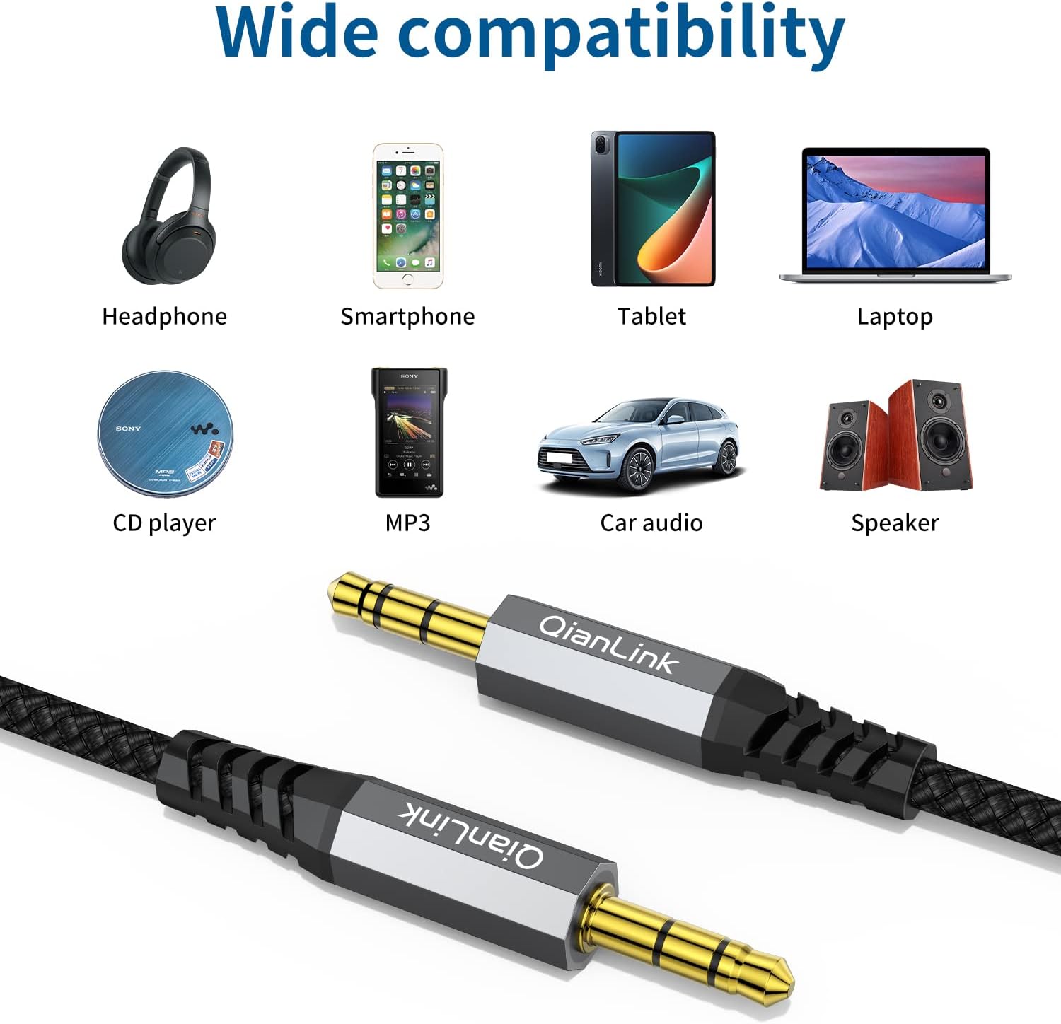 Paquete de 2 cables auxiliares (3.3 pies3.3 ft, sonido de alta fidelidad), cable auxiliar TRS de audio auxiliar TRS de nailon trenzado compatible