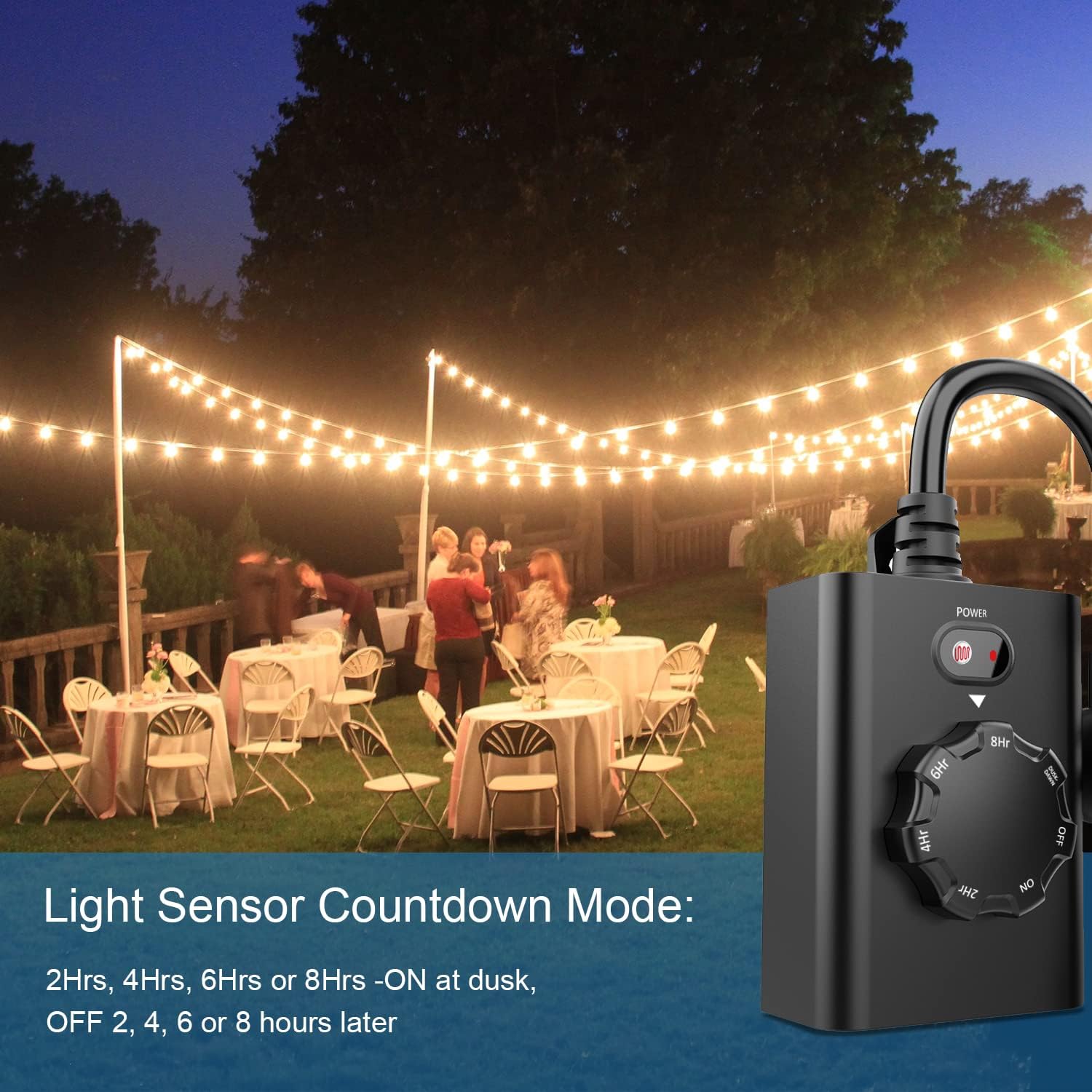 New One Temporizador con sensor de luz para exteriores, impermeable, temporizador de atardecer a amanecer, 2 tomas de tierra, interruptor de enchufe