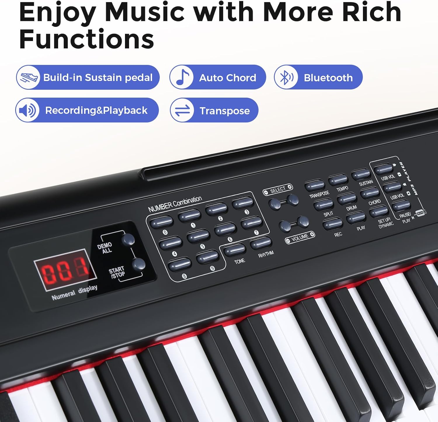 Fesley Teclado de piano de 88 teclas, teclado digital de tamaño completo, piano eléctrico portátil, teclado de 88 teclas con soporte de música,