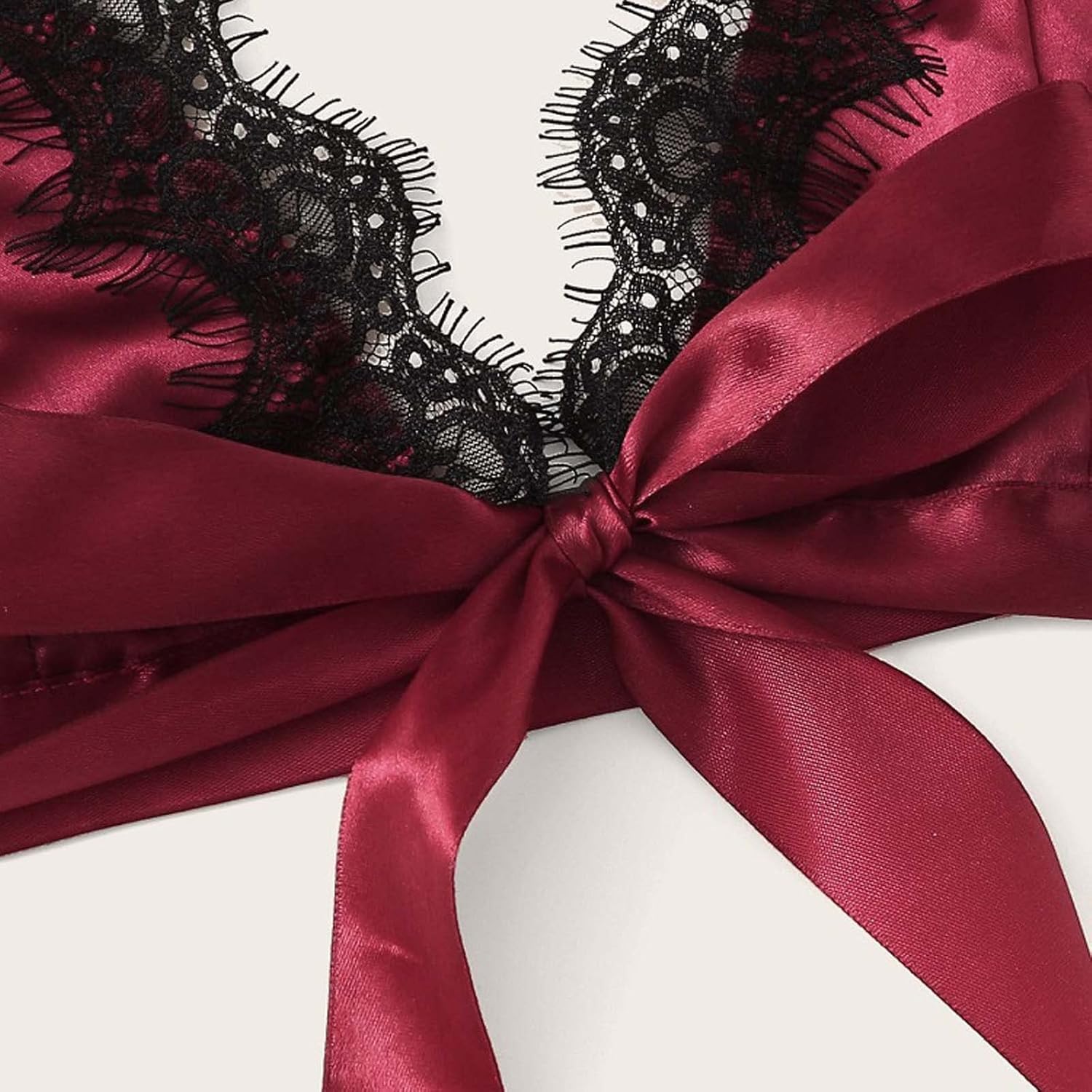 Conjunto de lencería de satén para mujer, 2 piezas, con ribete de encaje, lindo lazo, ropa de dormir exótica para noche romántica