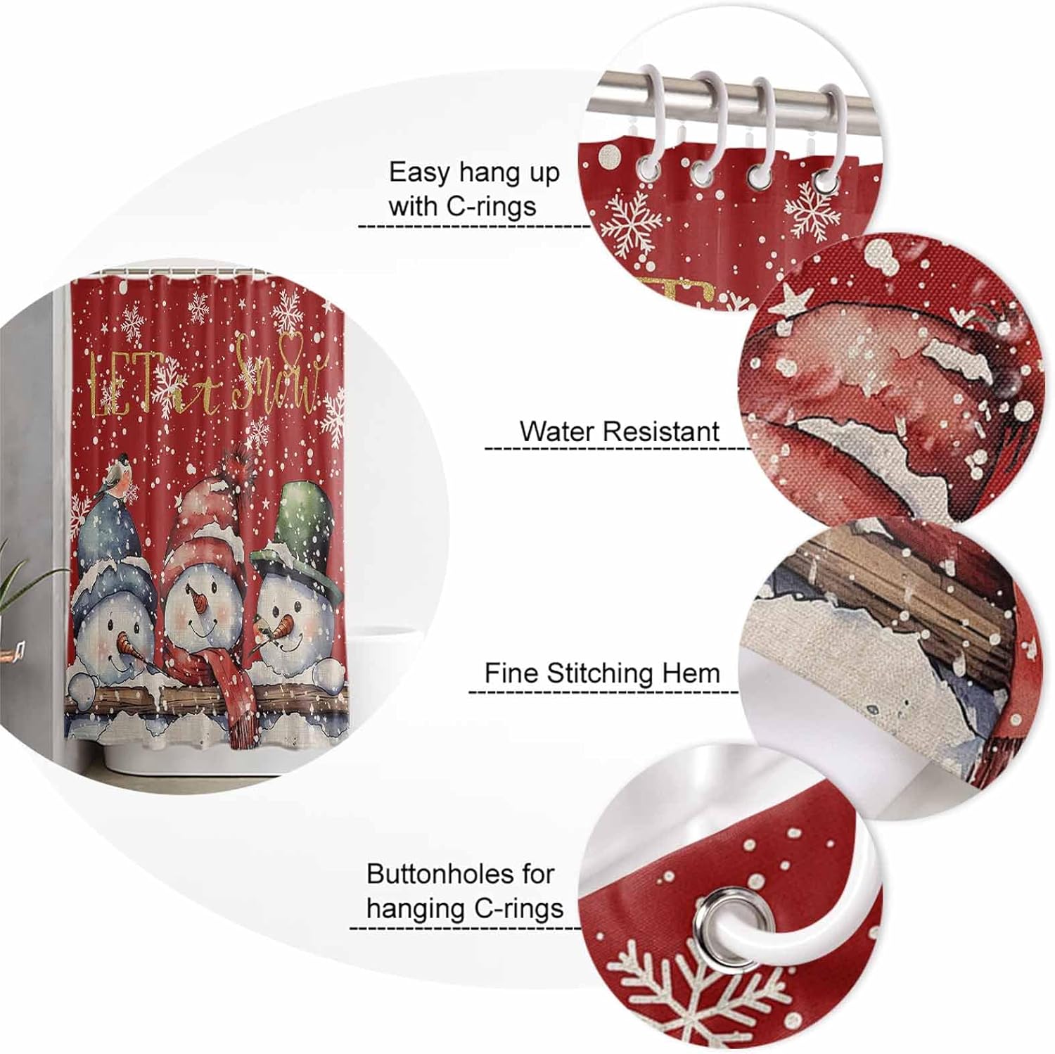 LBHAUSE Cortina de ducha de Navidad con diseño de muñeco de nieve rojo para baño, cortina de ducha de tela impermeable con copos de nieve en