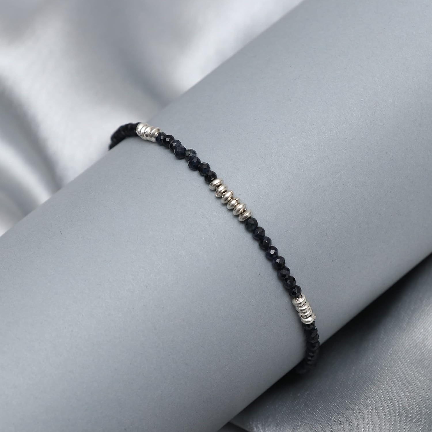 Gempires Natural Black Spinel Beads Bracelet, Spinel Gemstone Jewelry, Gift For her, 7+1 inch Adjustable Silver plated Chain (Black Spinel)