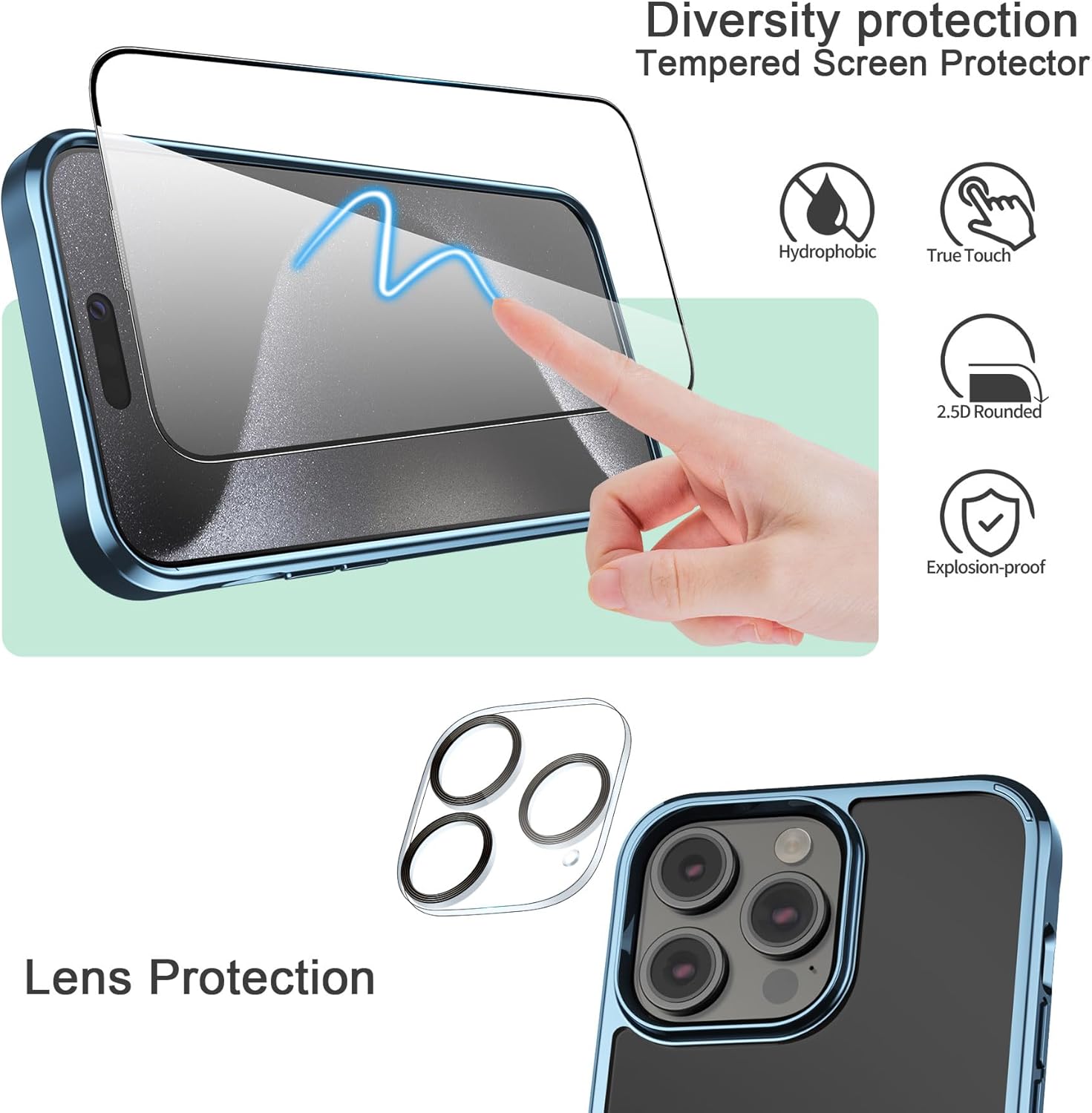Foluu Funda ultradelgada para iPhone 15 Pro Max 2023 con protector de pantalla de vidrio templado y protector de lente de cámara, chapado duro