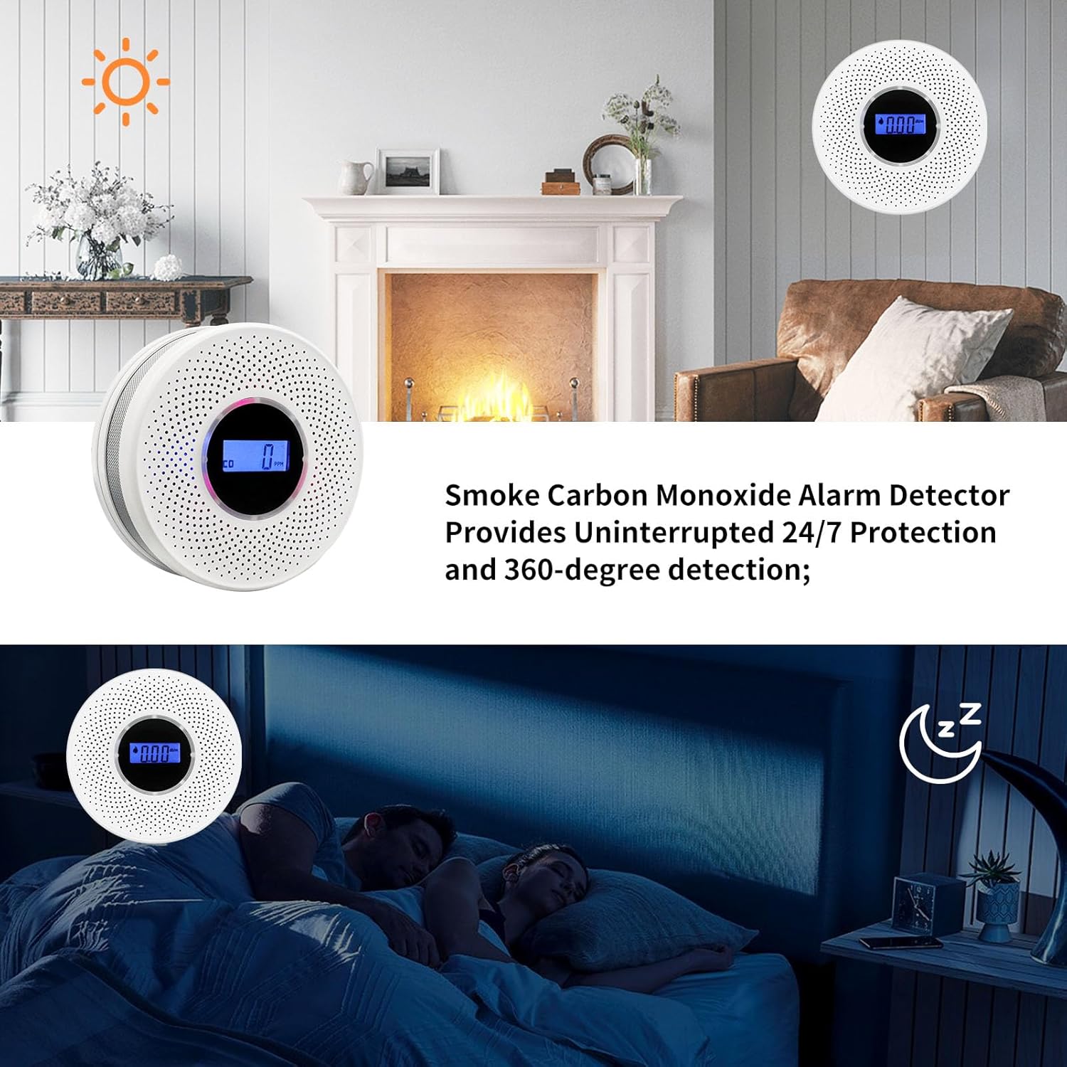 Coreel Detector de humo detector de monóxido de carbono combinado con pantalla digital y alarma de luz de sonido, alarma de humo y CO 2 en 1 con