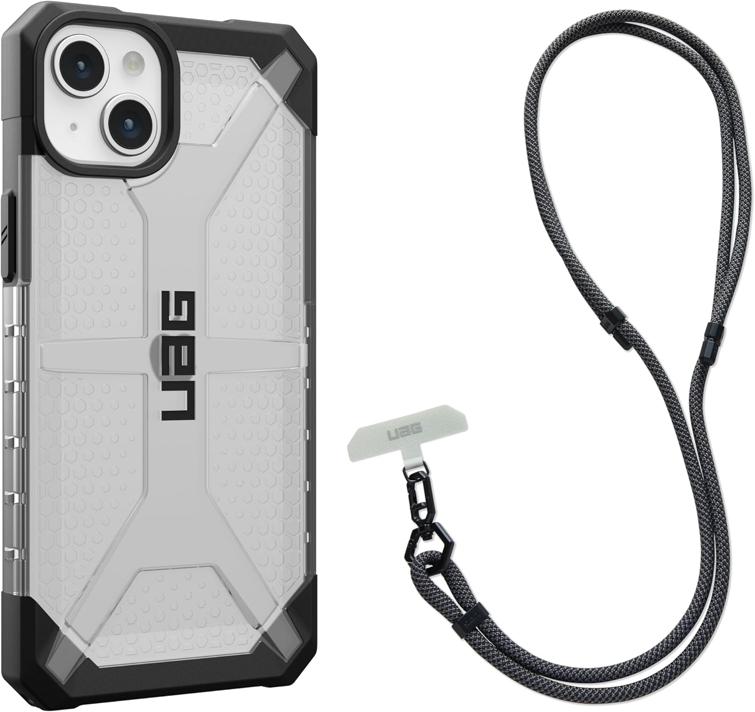 URBAN ARMOR GEAR UAG – Funda diseñada para iPhone 15 Plus, hielo de plasma de 6.7 pulgadas, con cordón cruzado UAG para teléfono civil, correa