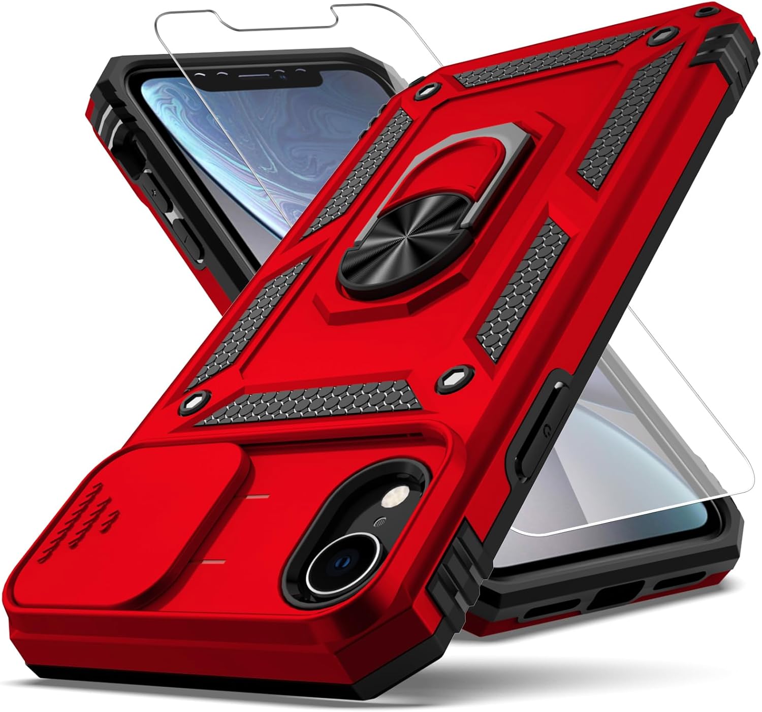 Funda para iPhone XR, con cubierta para lente de cámara, protector de pantalla HD, grado militar anillo de montaje en coche, soporte híbrido de