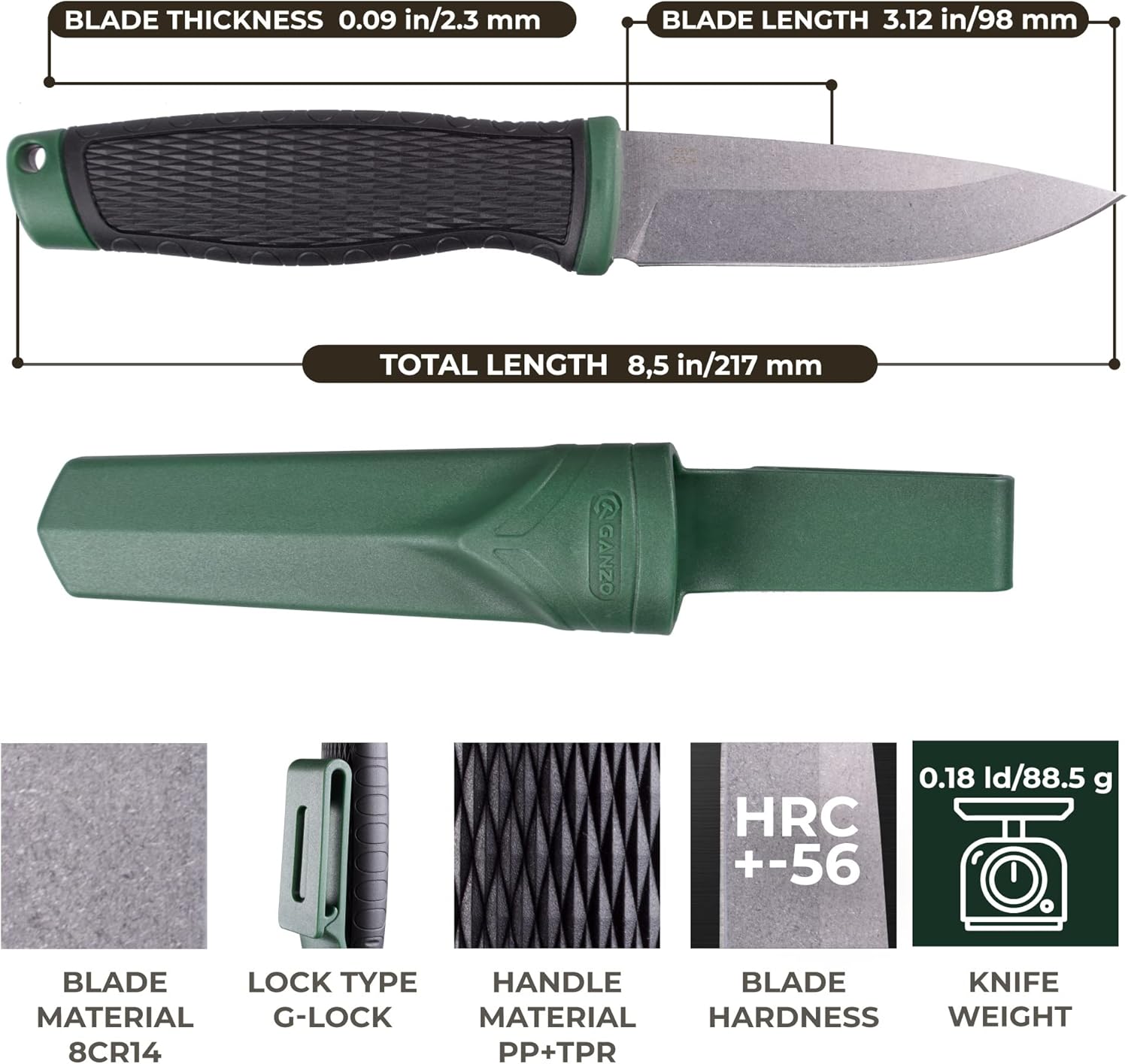 Ganzo G806-GB Cuchillo de hoja fija 8CR14 Hoja de acero inoxidable ergonómico Mango antideslizante Camping Caza Pesca al aire libre EDC Cuchillo con
