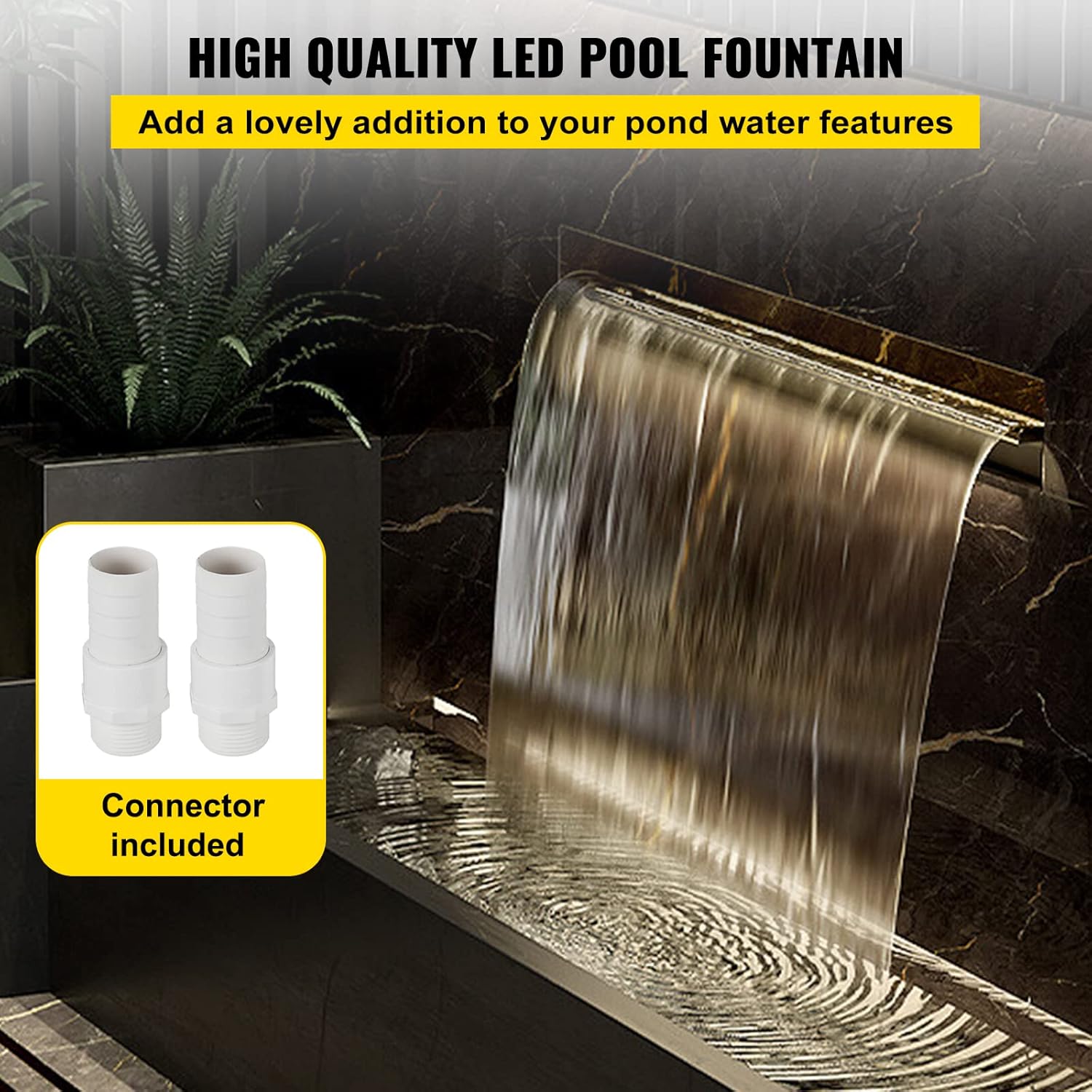 VEVOR Fuente de piscina de acero inoxidable, cascada de piscina de 23.6 x 4.5 x 3.1 pulgadas (ancho x profundidad x alto) con tira de luz LED,