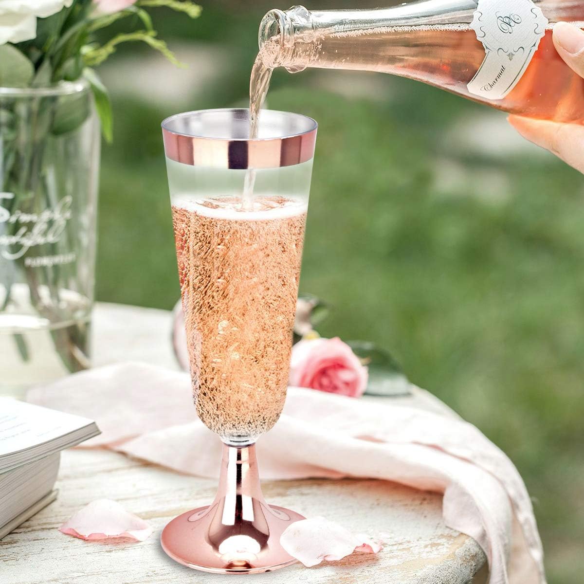 bUCLA 280 platos de plástico de oro blanco y rosa con cubiertos de plástico de oro rosa y vasos de plástico desechables y copas de champán de