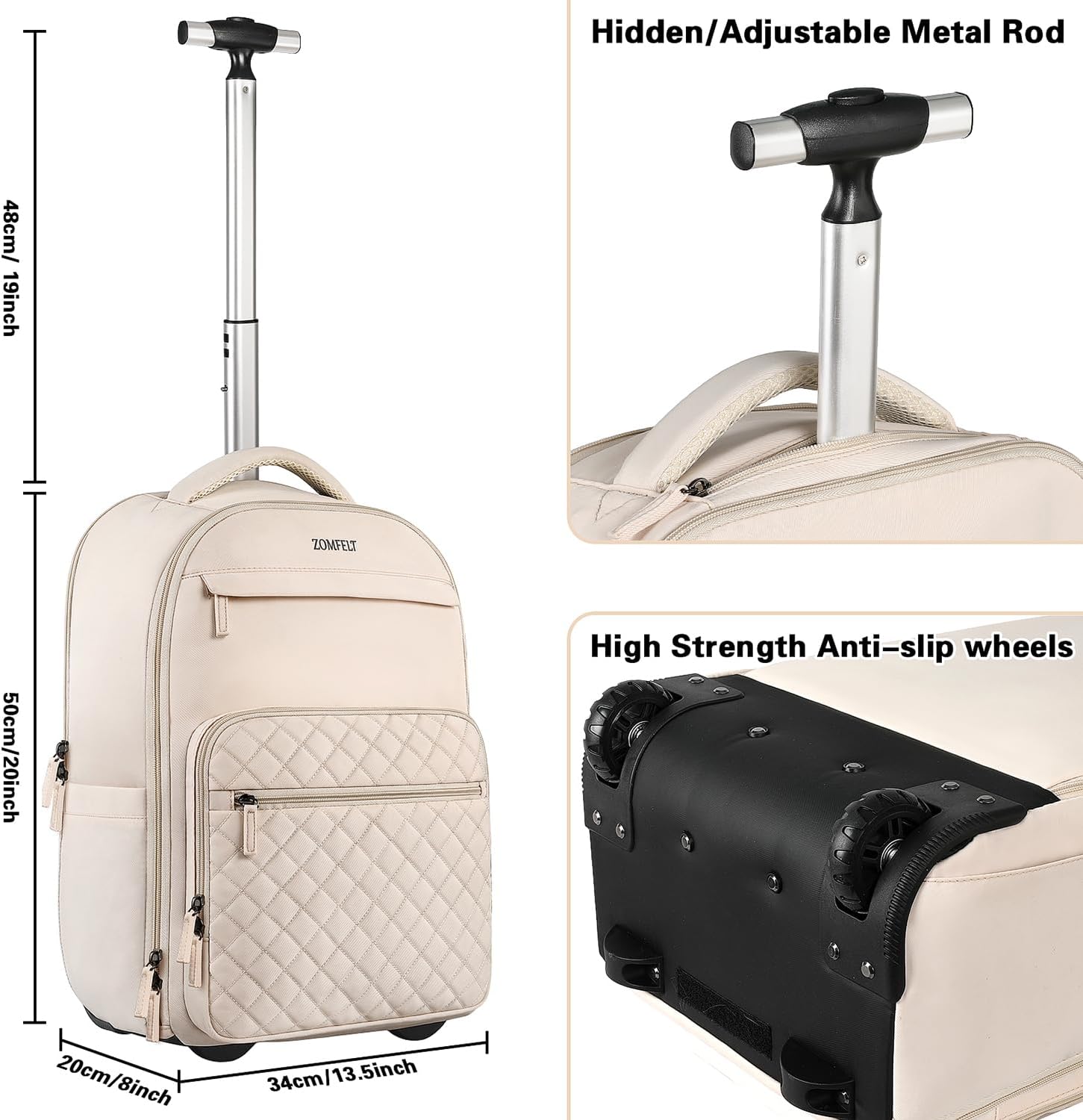 ZOMFELT Mochila con ruedas para mujer, mochila de viaje con ruedas, mochila para laptop de 17 pulgadas con bolsa de aseo, mochila de mano con ruedas