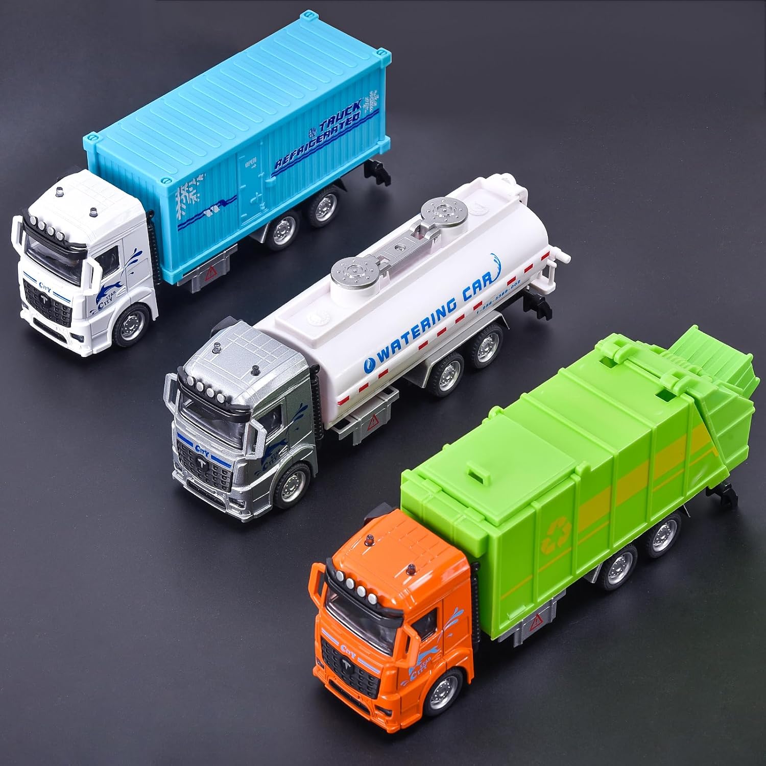 Tacobear Paquete de 3 camiones fundidos a presión, vehículos de transporte para niños y niños, camión de basura, camión rociador, camión