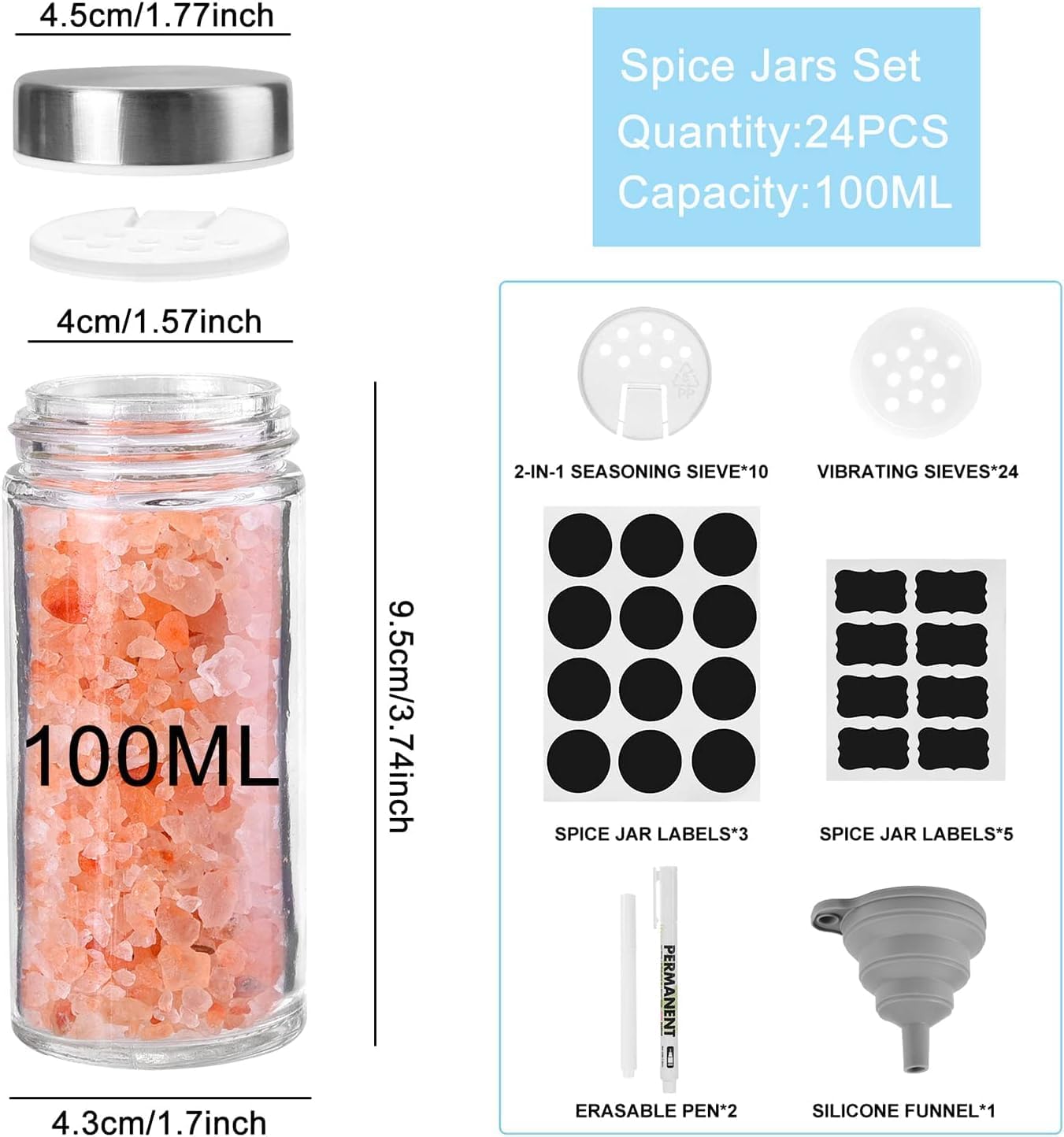30 tarros redondos para especias, recipientes de condimentos de 4 onzas con tapas herméticas de acero inoxidable y tapas de coctelera, recipientes