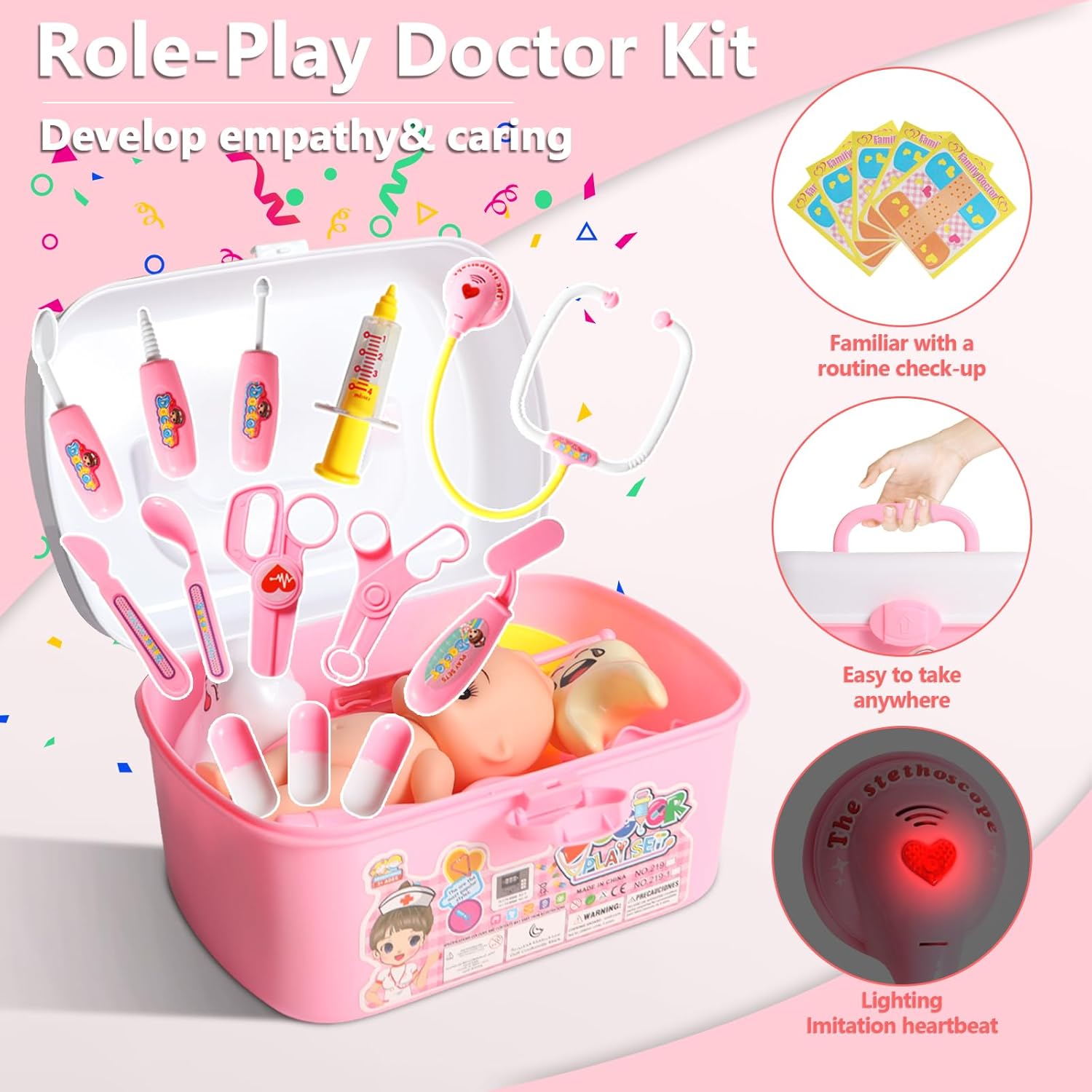 Kit de médico para niños, 40 piezas de juguetes de simulación, juego de médico rosa para niños con disfraz de médico, regalo de juego de doctor para