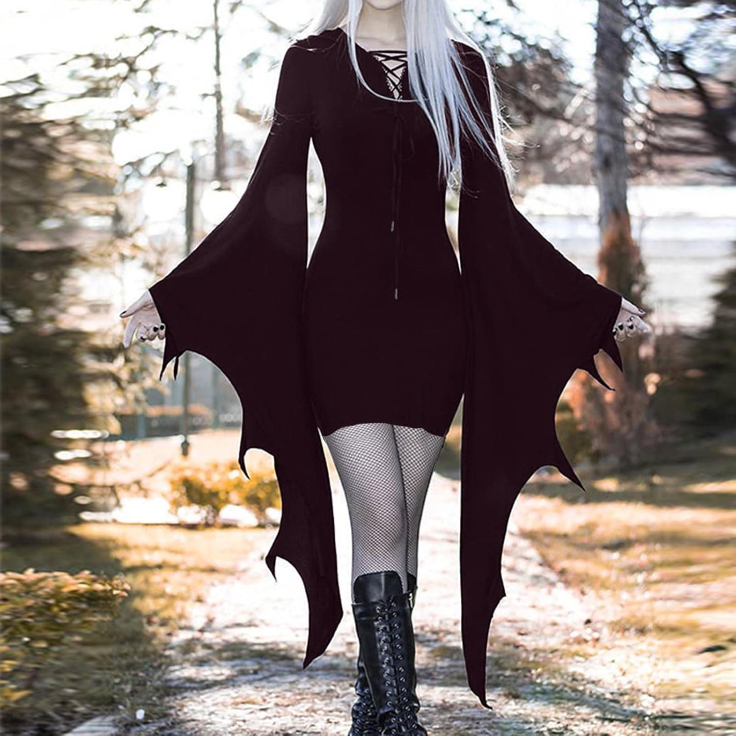 Disfraces de Halloween para mujer, vestido sexy de manga murciélago, gótico, vintage, mini vestido cruzado, vestido de fiesta de manga larga