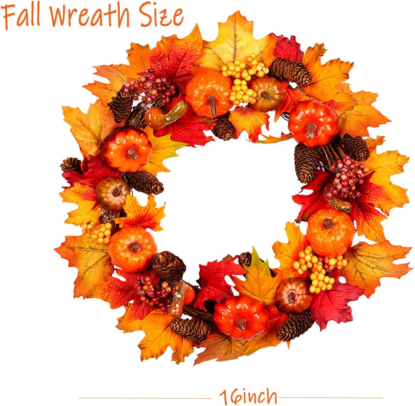 Corona de otoño de 16 pulgadas para puerta delantera, coronas de calabazas artificiales, corona de cosecha de otoño artificial con hojas de arce,
