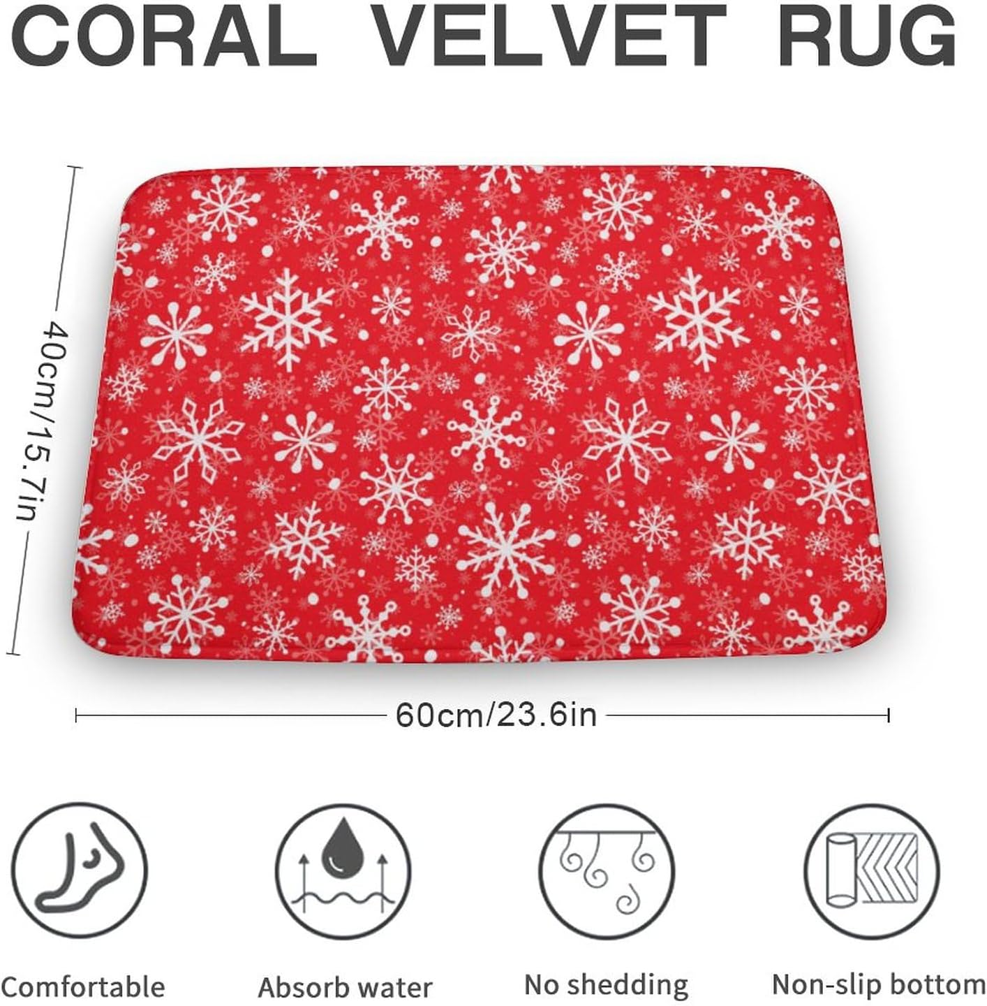Tapete de baño rojo con copos de nieve navideños, antideslizantes, de franela, absorbente de agua, de secado rápido, suave, para suelo, dormitorio,