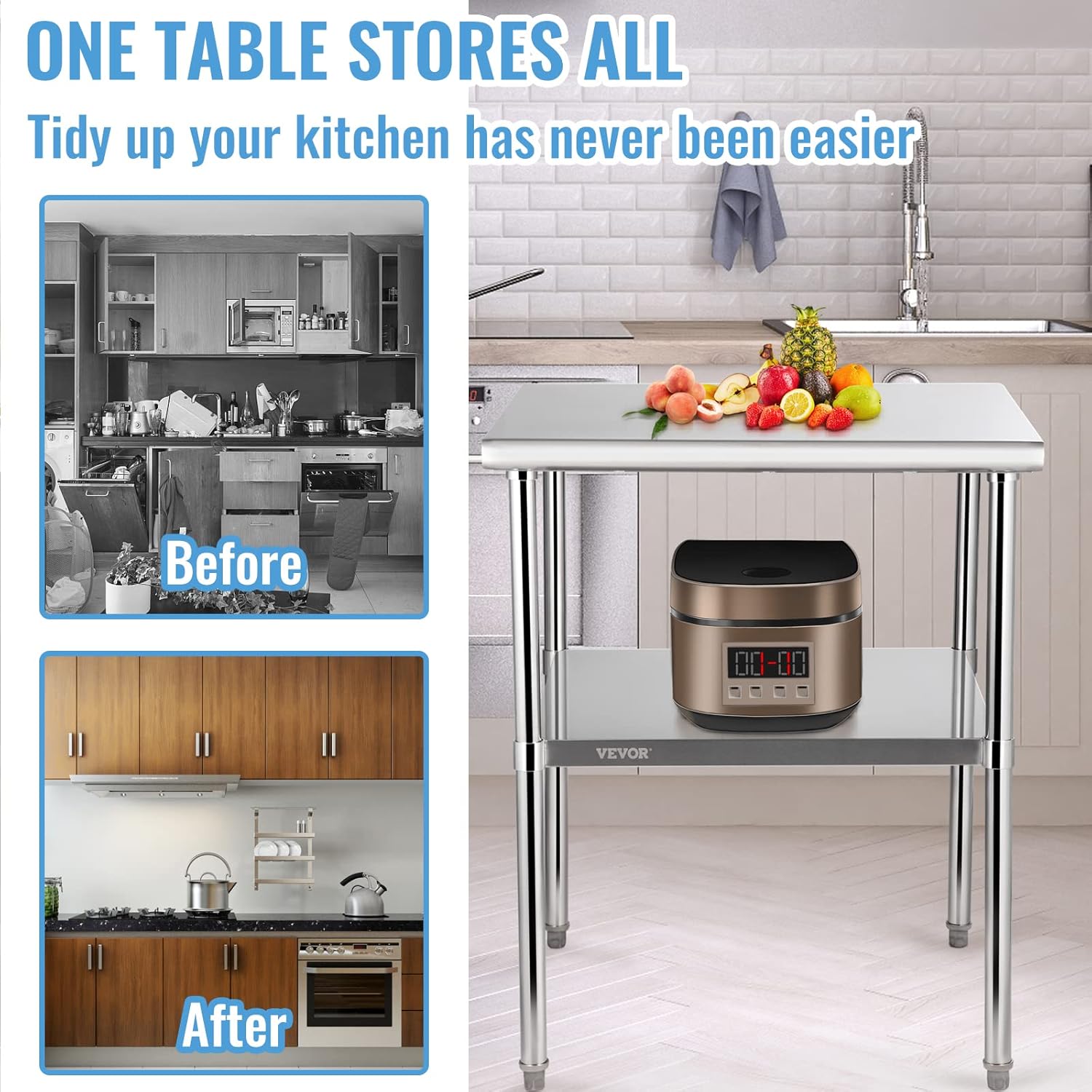 VEVOR Stainless Steel Prep Table, 30 x 30 x 36 Inch, 800lbs Load Capacity Heavy Duty Metal Worktable with Adjustable Undershelf & Feet, Commercial