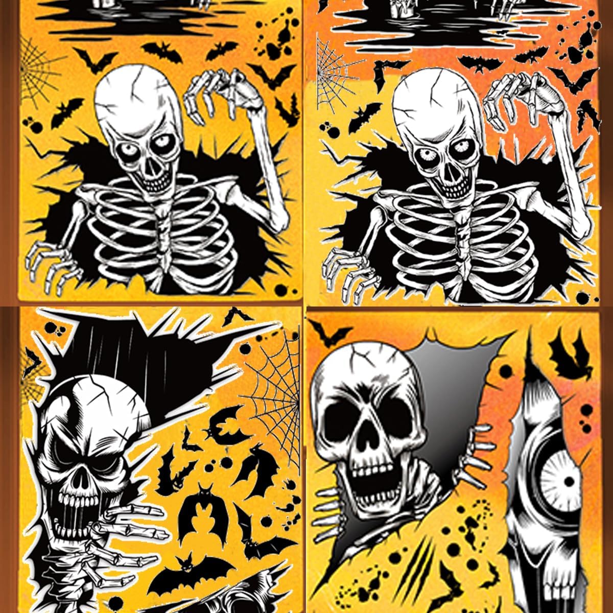 4 calcomanías de calavera de Halloween para ventana, calcomanías de pared de esqueleto de doble cara, extraíbles de Halloween, esqueleto de calavera